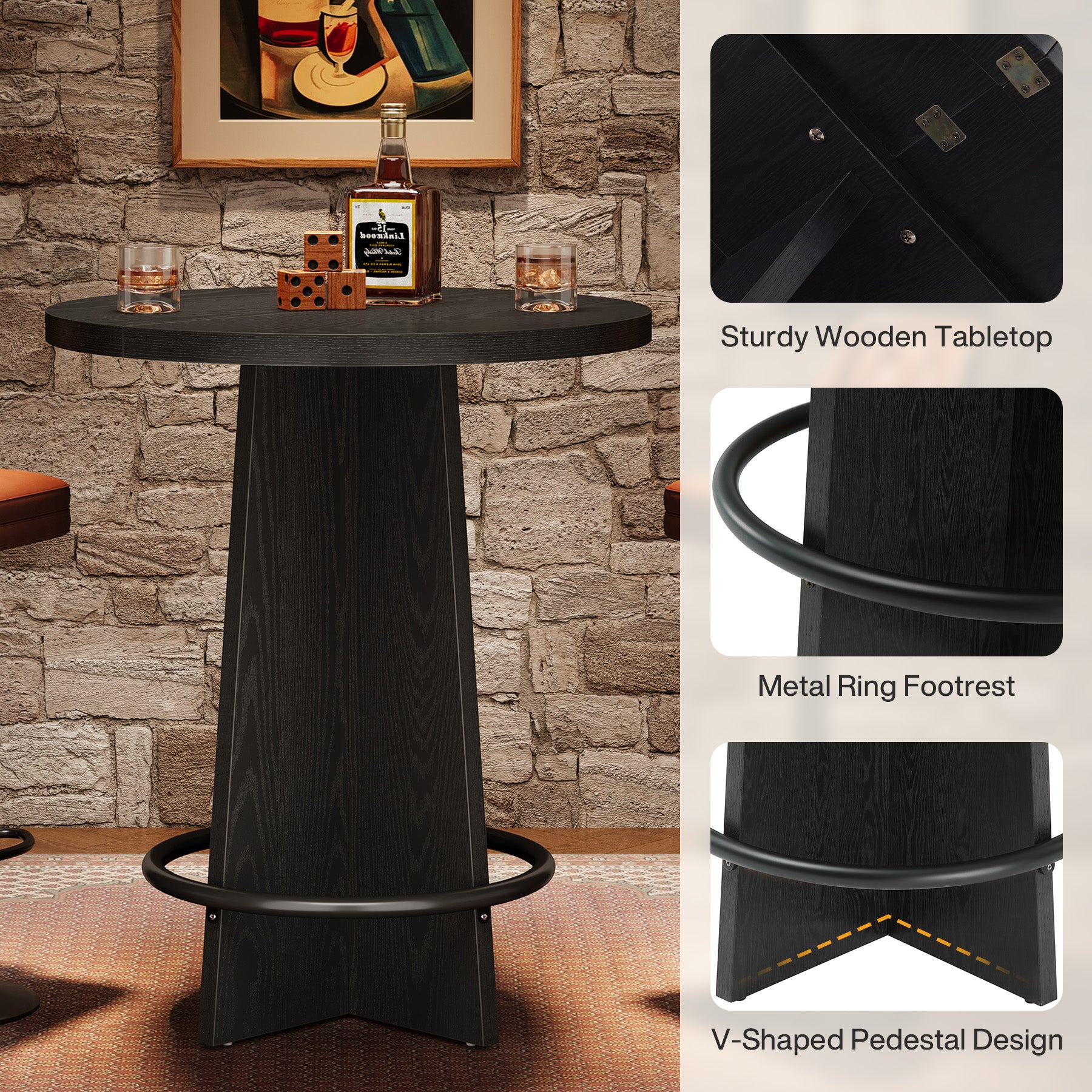 80 cm Bar Tafel, Houten Pub Tafel met Metalen Ringvoetsteun