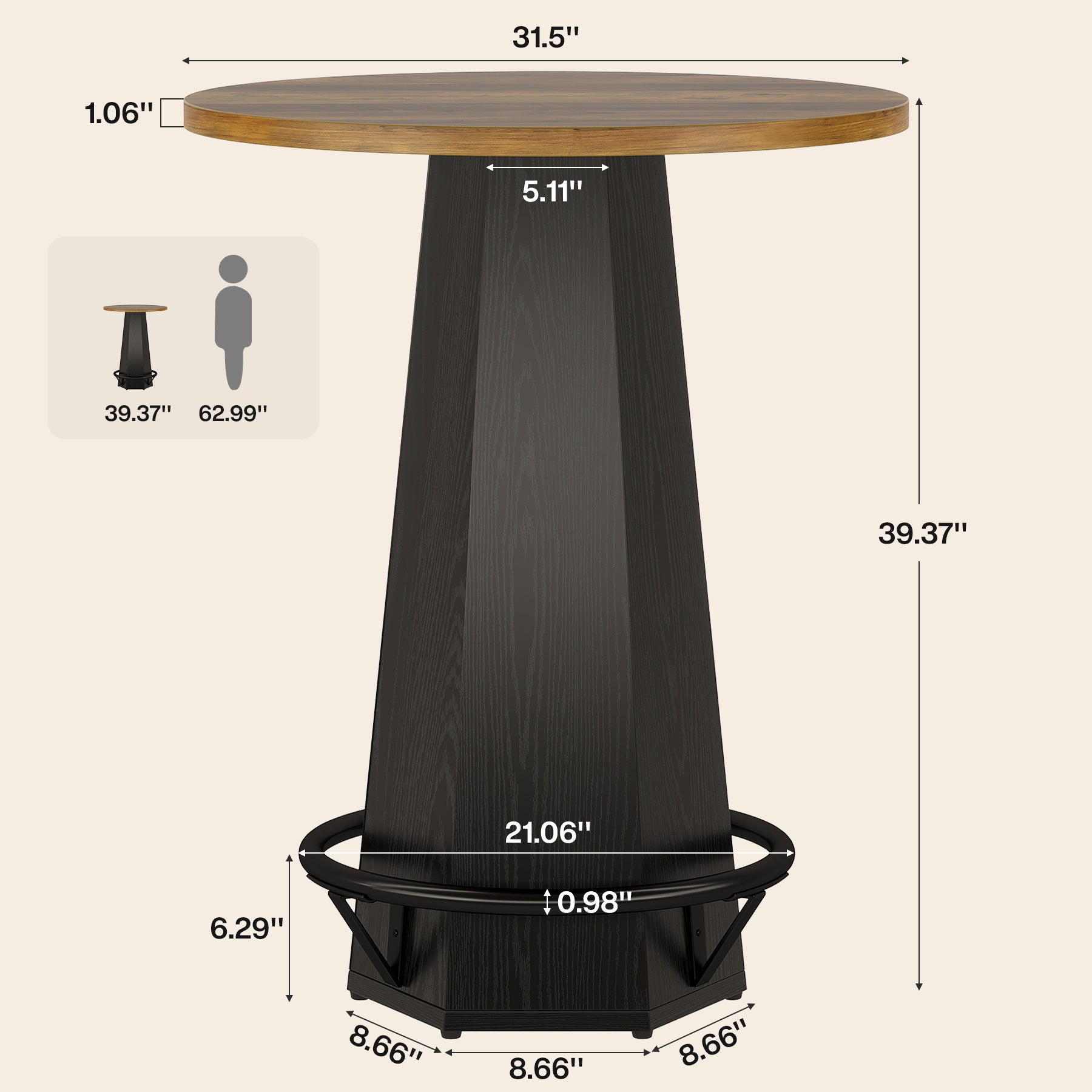100 cm Ronde Bartafel voor 2 Personen, Industriële Eettafel met Voetenring