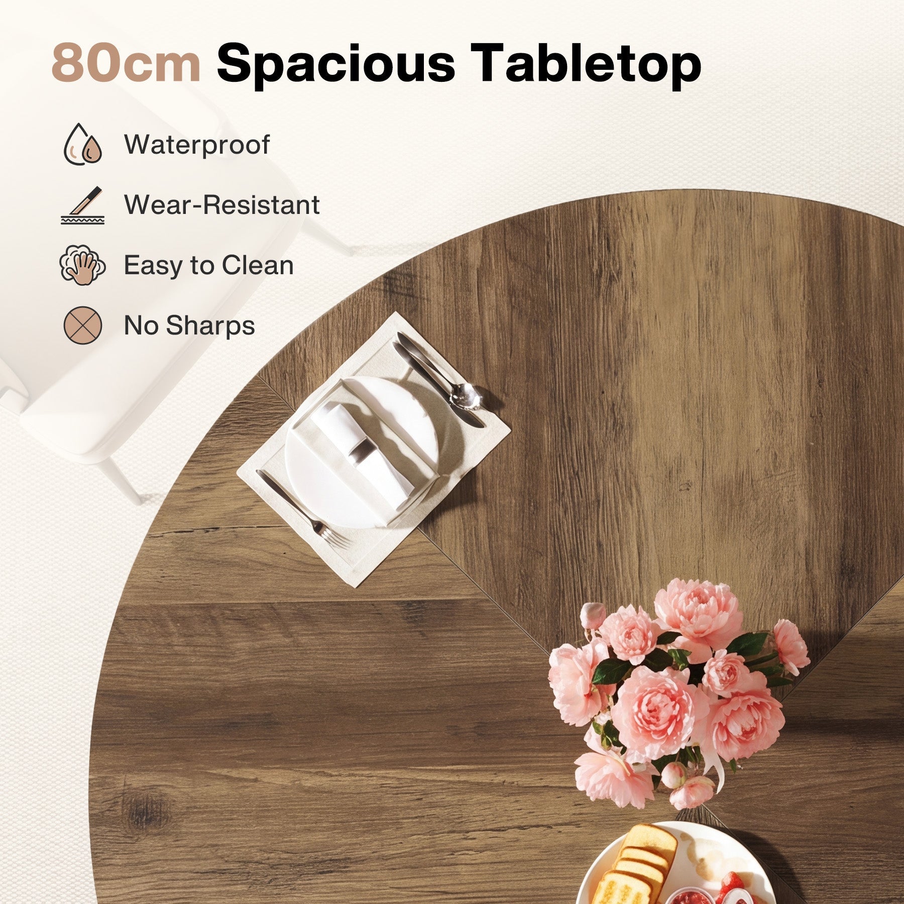 Tribesigns 80 cm Ronde Eettafel voor 2–4 Personen, Keukentafel met Stevige Centrale Voet