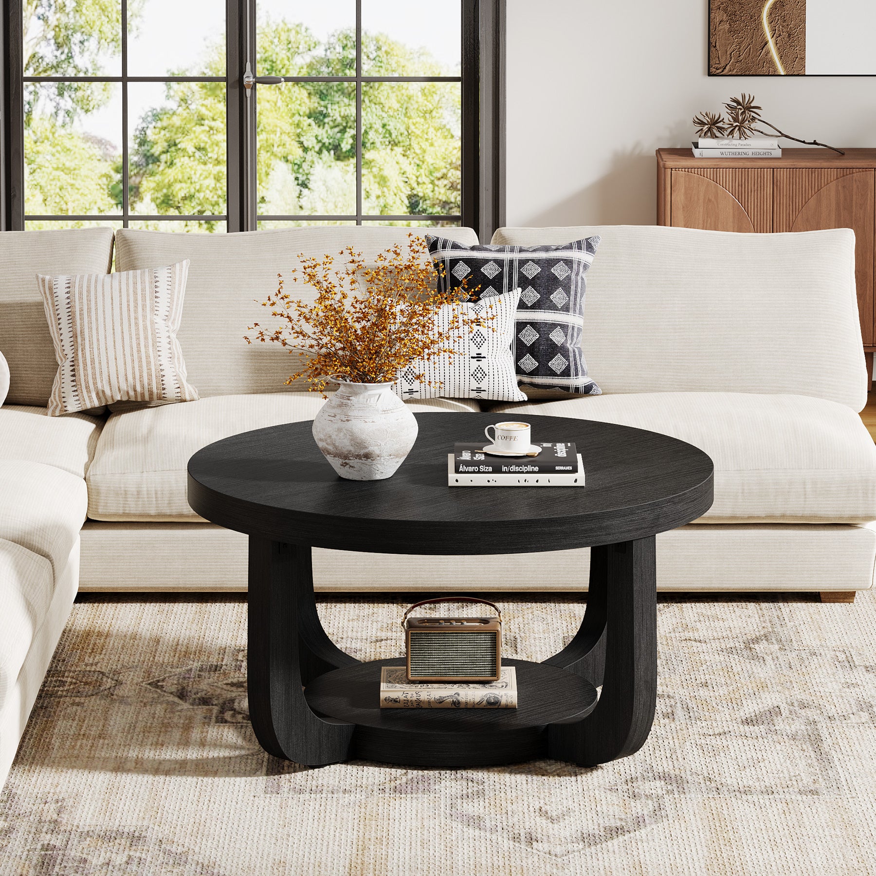 Ronde Salontafel van 80 cm met 2 Lagen en Opbergruimte, Moderne Houten Accenttafel in Rustiek Bruin voor Woonkamer