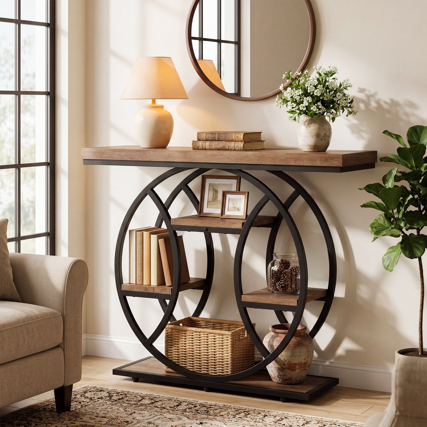105 cm Tribesigns Consoletafel, 4-Laagse Sidetable met Rond Frame