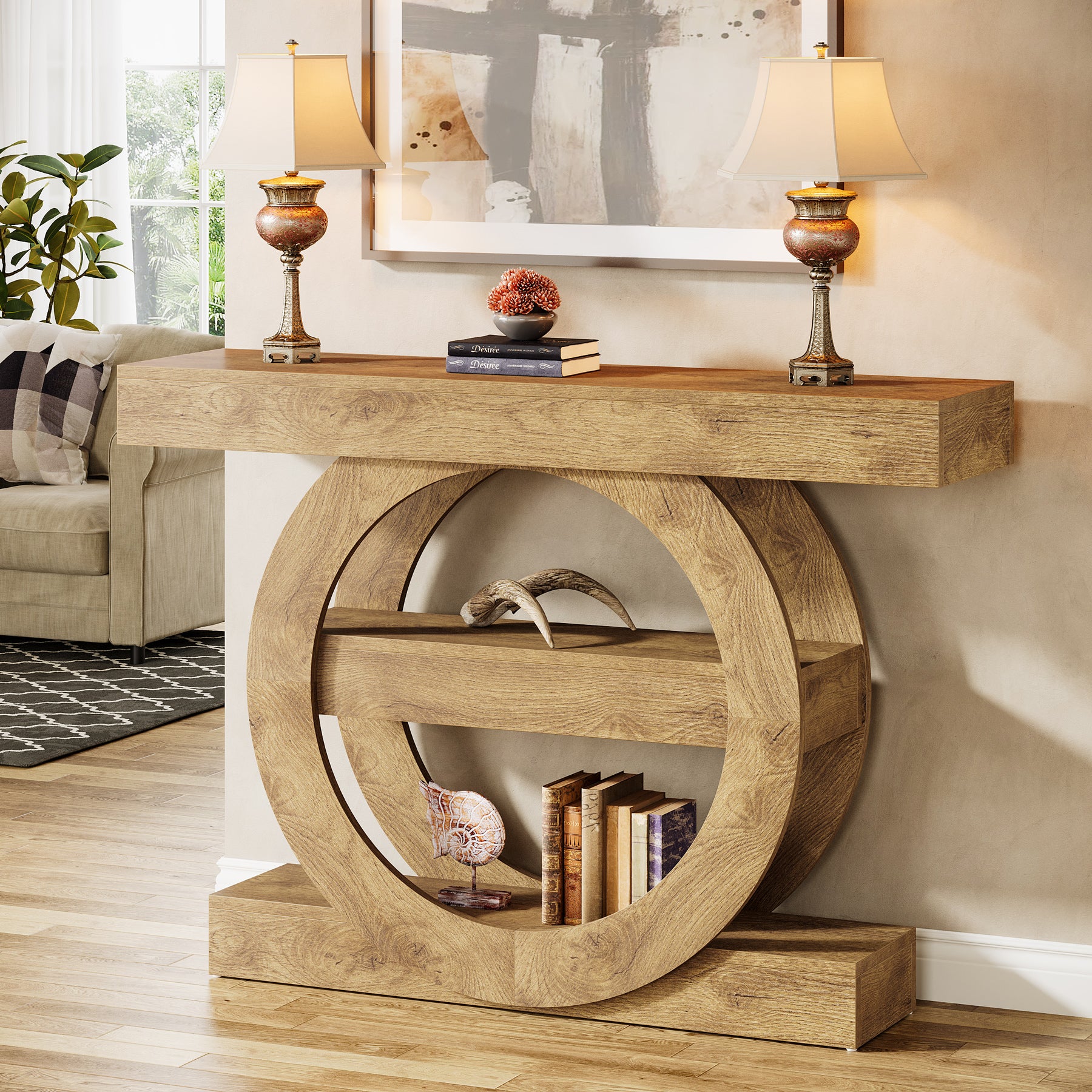 Tribesigns Ingangstafel van 100 cm met Opbergruimte, 3-Laagse Boerderij Consoletafel met Houten Planken