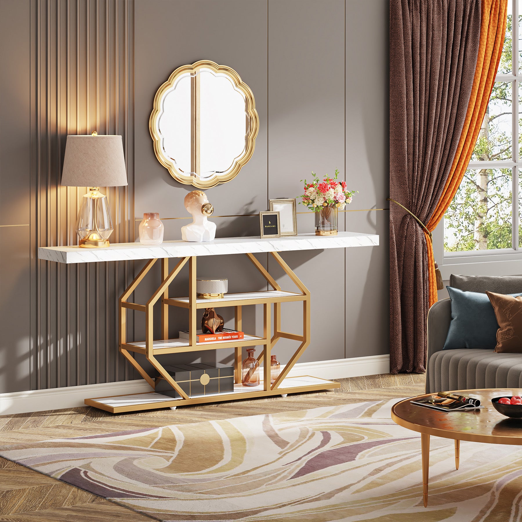 Tribesigns 180 cm Extra Lange Consoletafel, Moderne Gouden Salontafel met Opslag voor Woonkamer