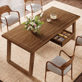 140 cm Rechthoekige Eettafel met Lade, Massief Houten Poten voor 4-6 Personen 3