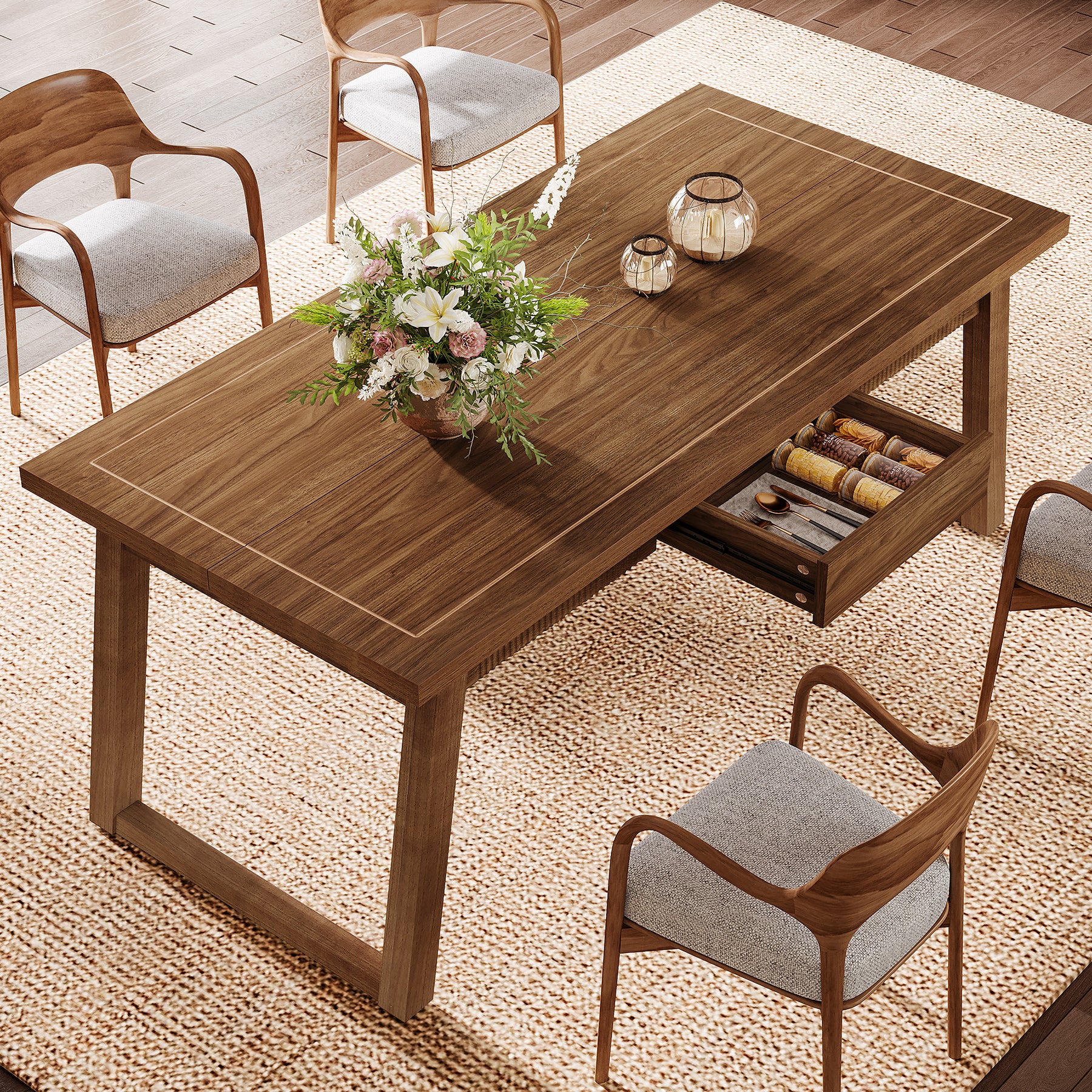 140 cm Rechthoekige Eettafel met Lade, Massief Houten Poten voor 4-6 Personen