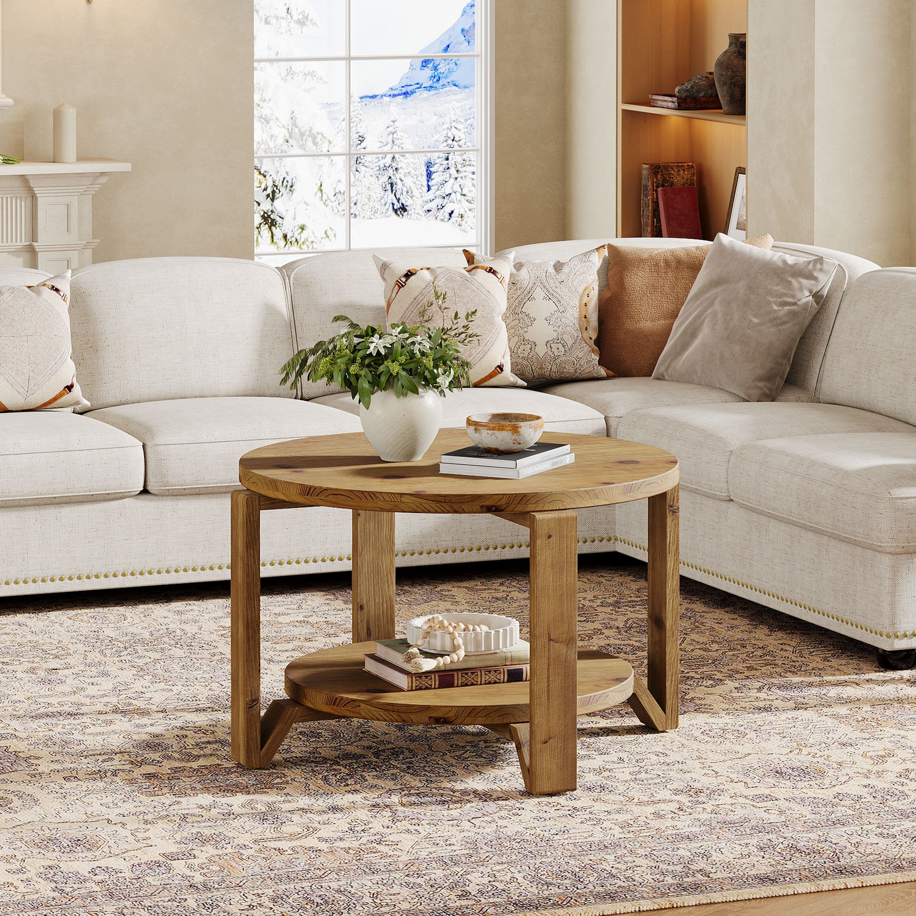 80 cm Ronde Salontafel in Walnoot met Opbergruimte, Mid-Century Accenttafel