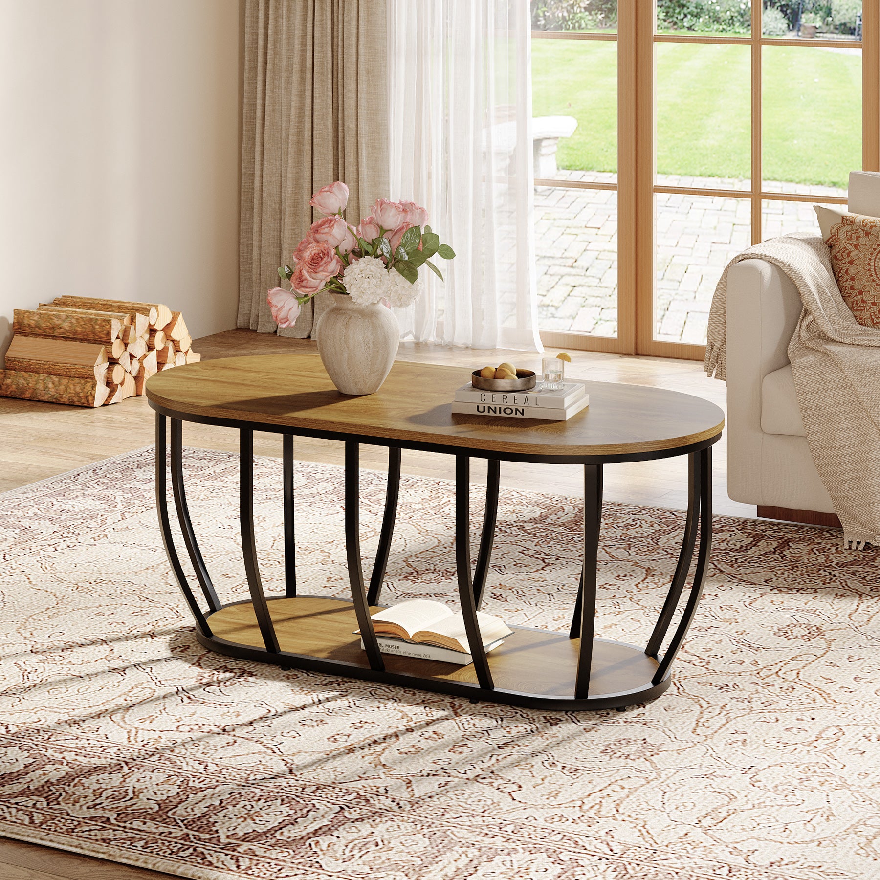 Tribesigns 120 cm Ovale Industriële Salontafel met 2-lagen Opbergruimte