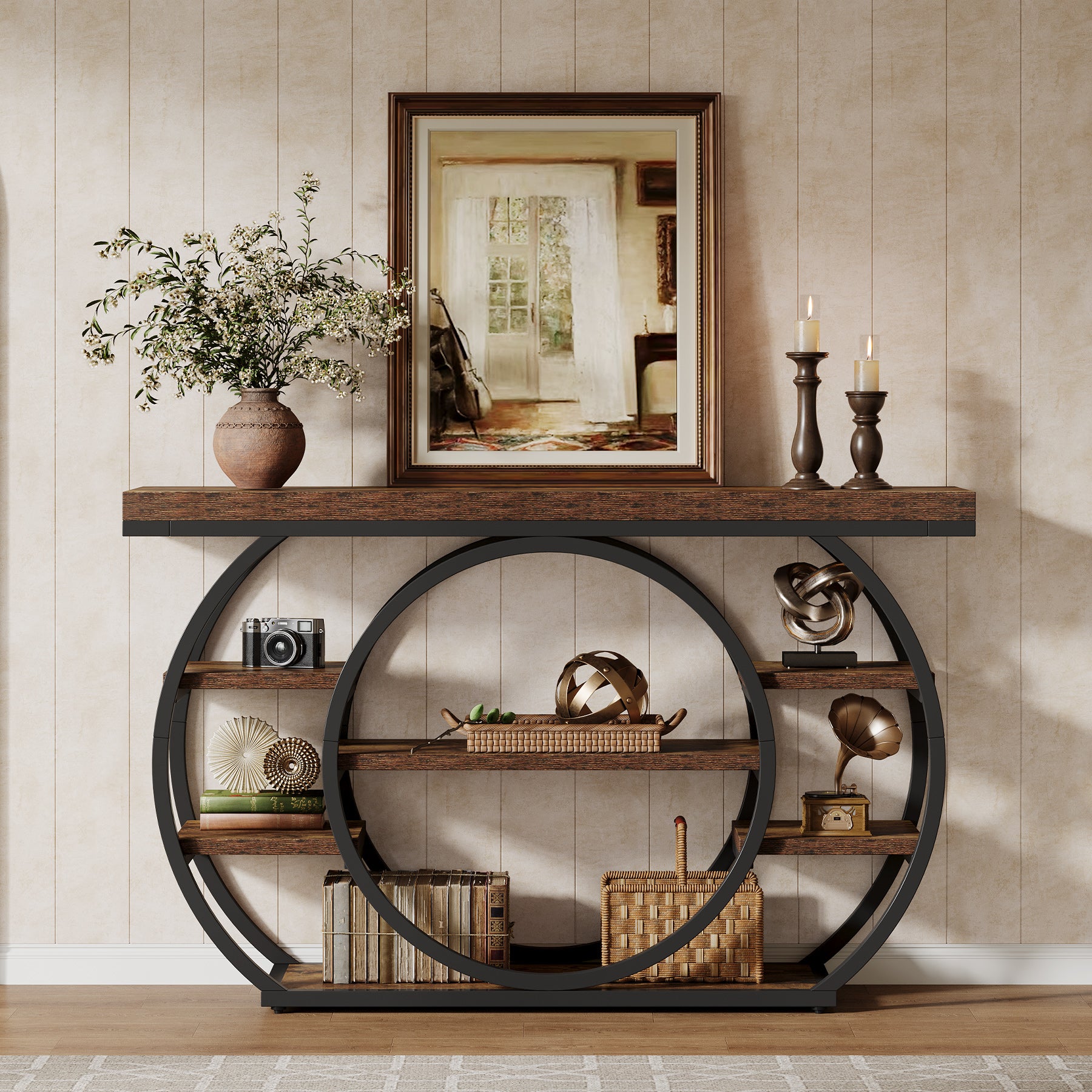 Consoletafel van 120 cm met 5 Lagen in Industrieel Design, Smalle Banktafel voor Woonkamer en Hal in Rustiek Bruin