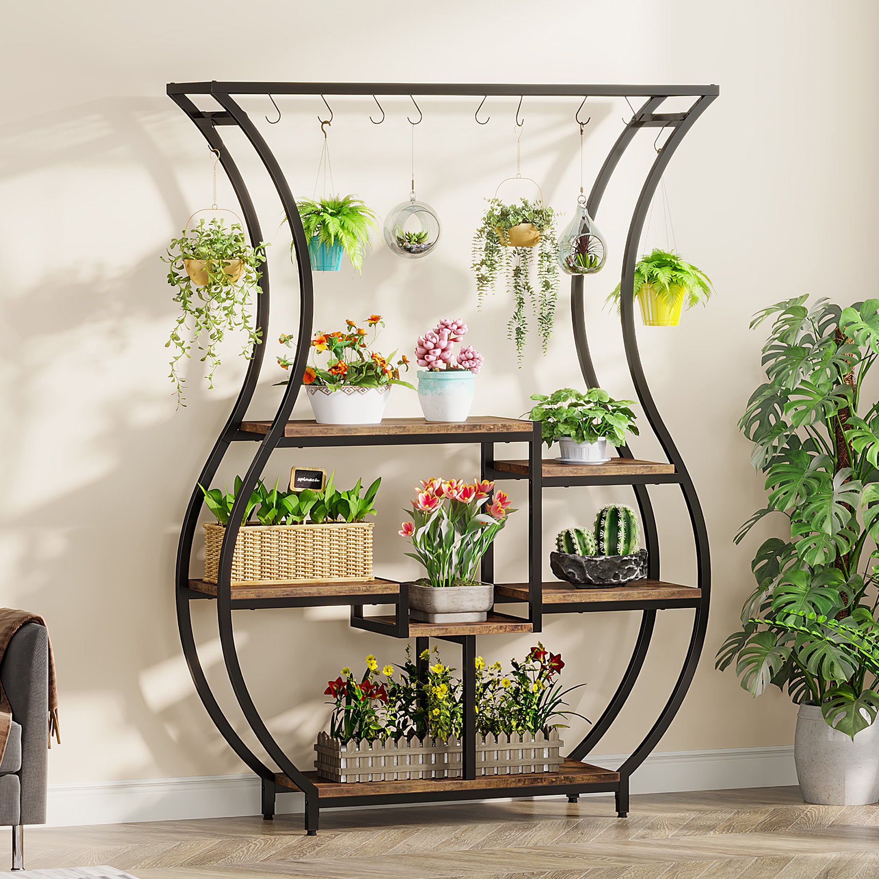 180 cm Tribesigns Plantenrek, 6-Tier Metaal Rek met 10 Haken voor Binnen