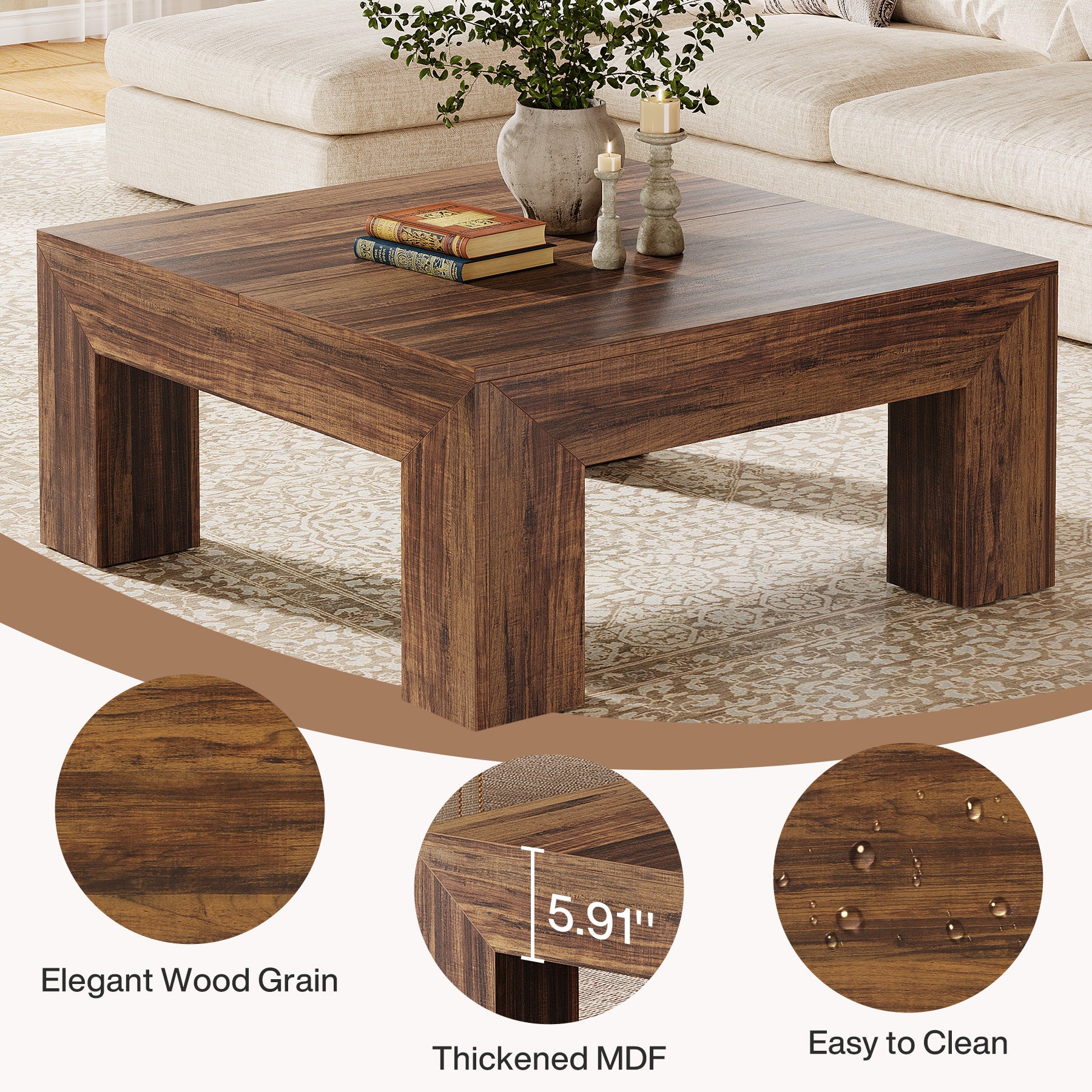 Vierkante Salontafel van 100 cm in Landelijke Stijl, Lage Stevige Centertafel voor Woonkamer in Rustiek Bruin