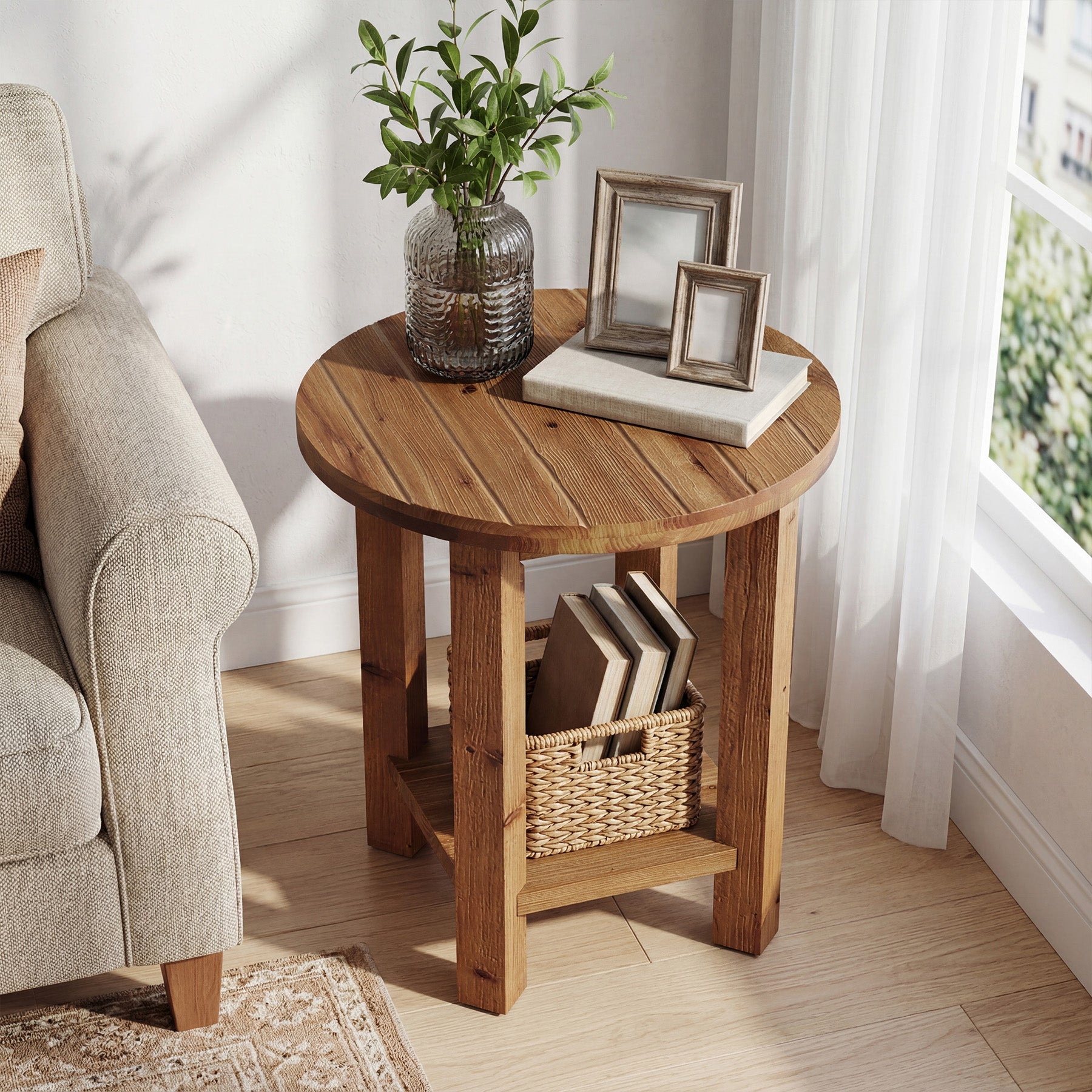 50 cm Tribesigns Ronde Bijzettafel, Massief Houten Tafel met Opbergplank