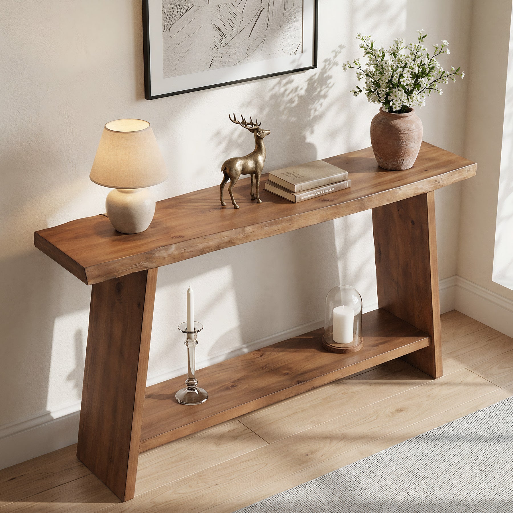 160 cm Massief Houten Consoletafel, 2-Laagse Sidetable voor Hal