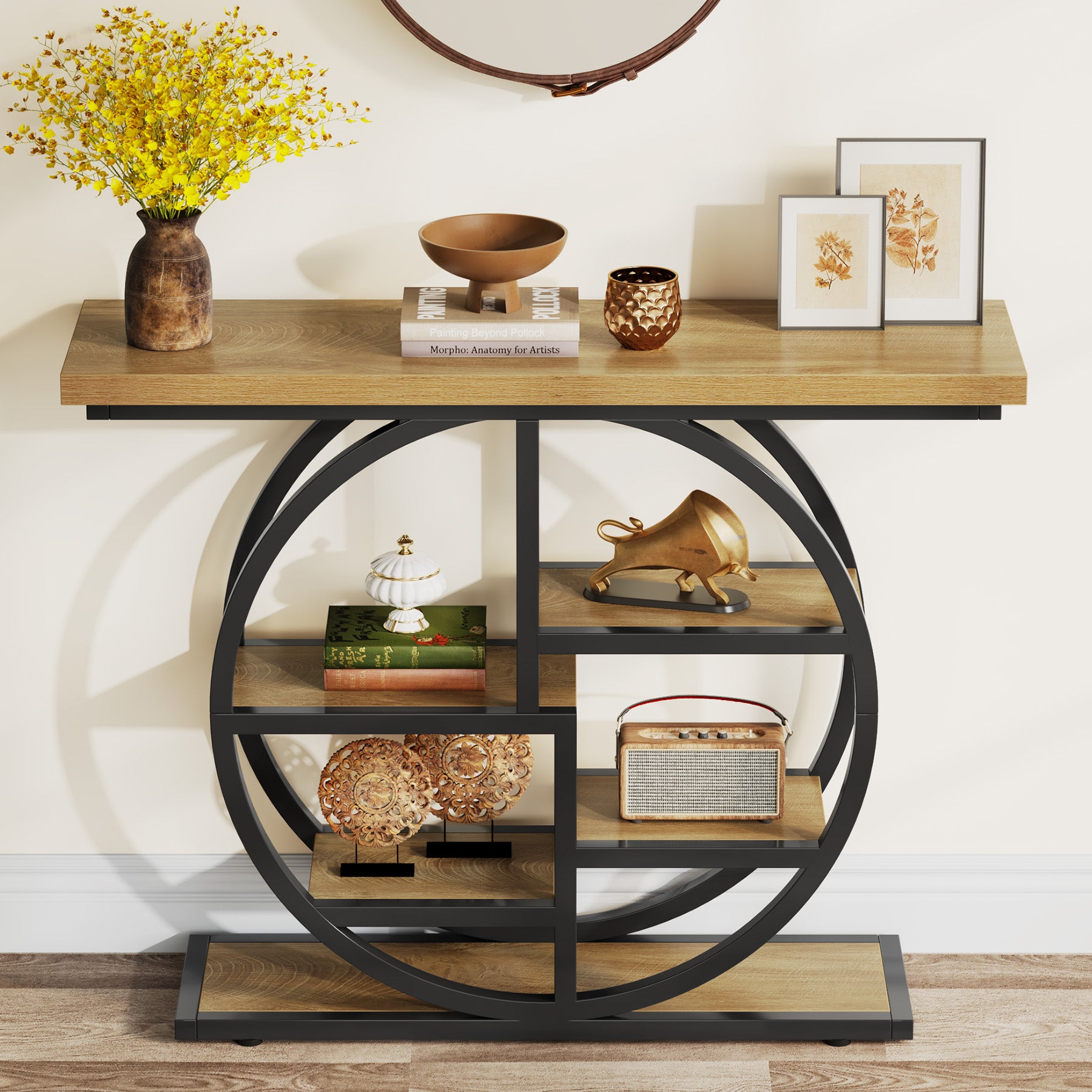 105 cm Industriële Console, 6 Etages met Rond Onderstel en Opbergplanken