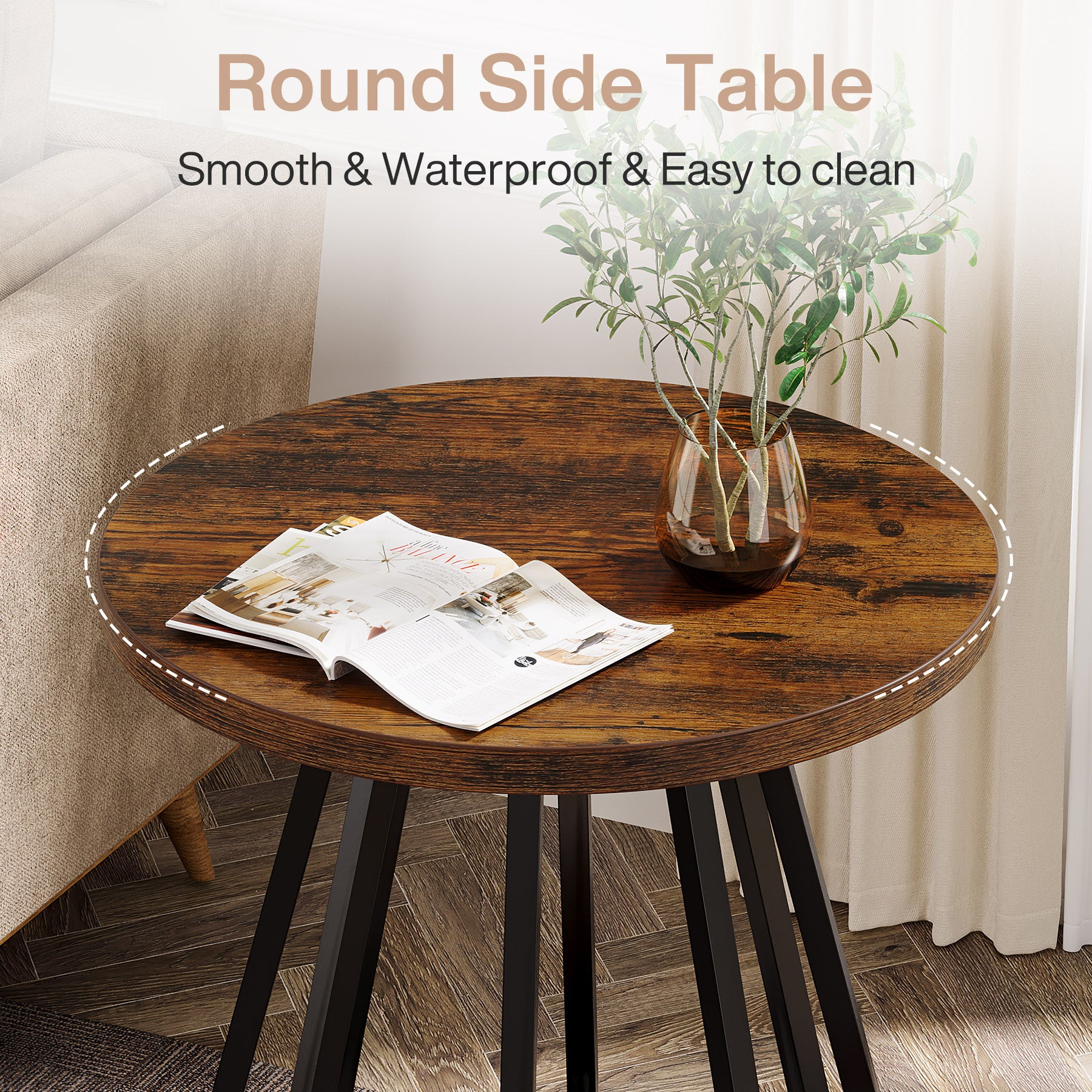 Kleine Ronde Bijzettafel, 2-Traps Salontafel met Metaal en Houten Plank voor Kleine Ruimtes