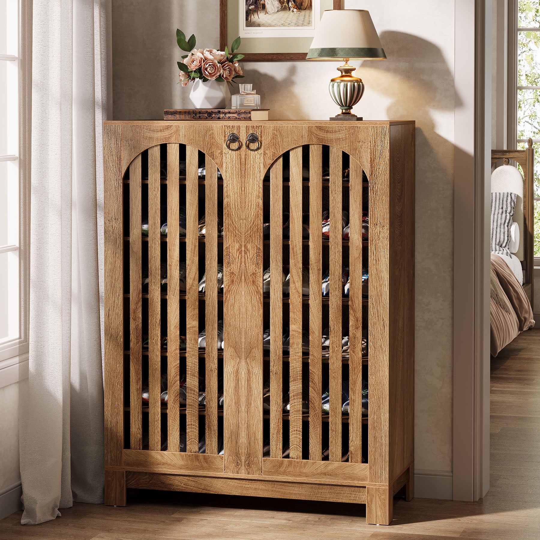 Schoenenkast met 6 Verdiepingen en Lamellendeuren, Houten Organizer voor Entree en Hal