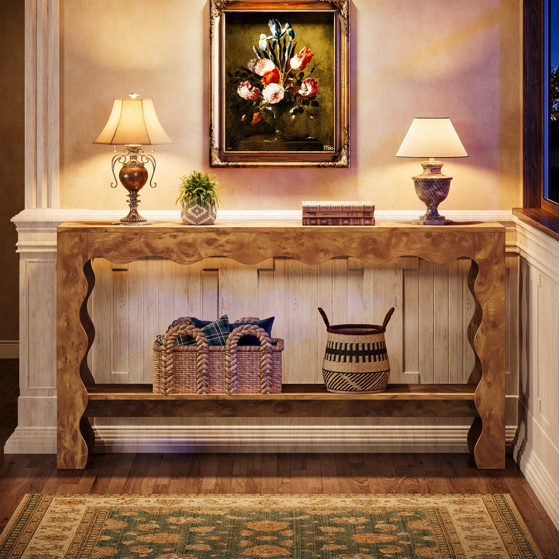 160 cm Moderne Landelijke Consoletafel met Golfrand, Smalle Haltafel met Opberdschap voor Woonkamer en Entree