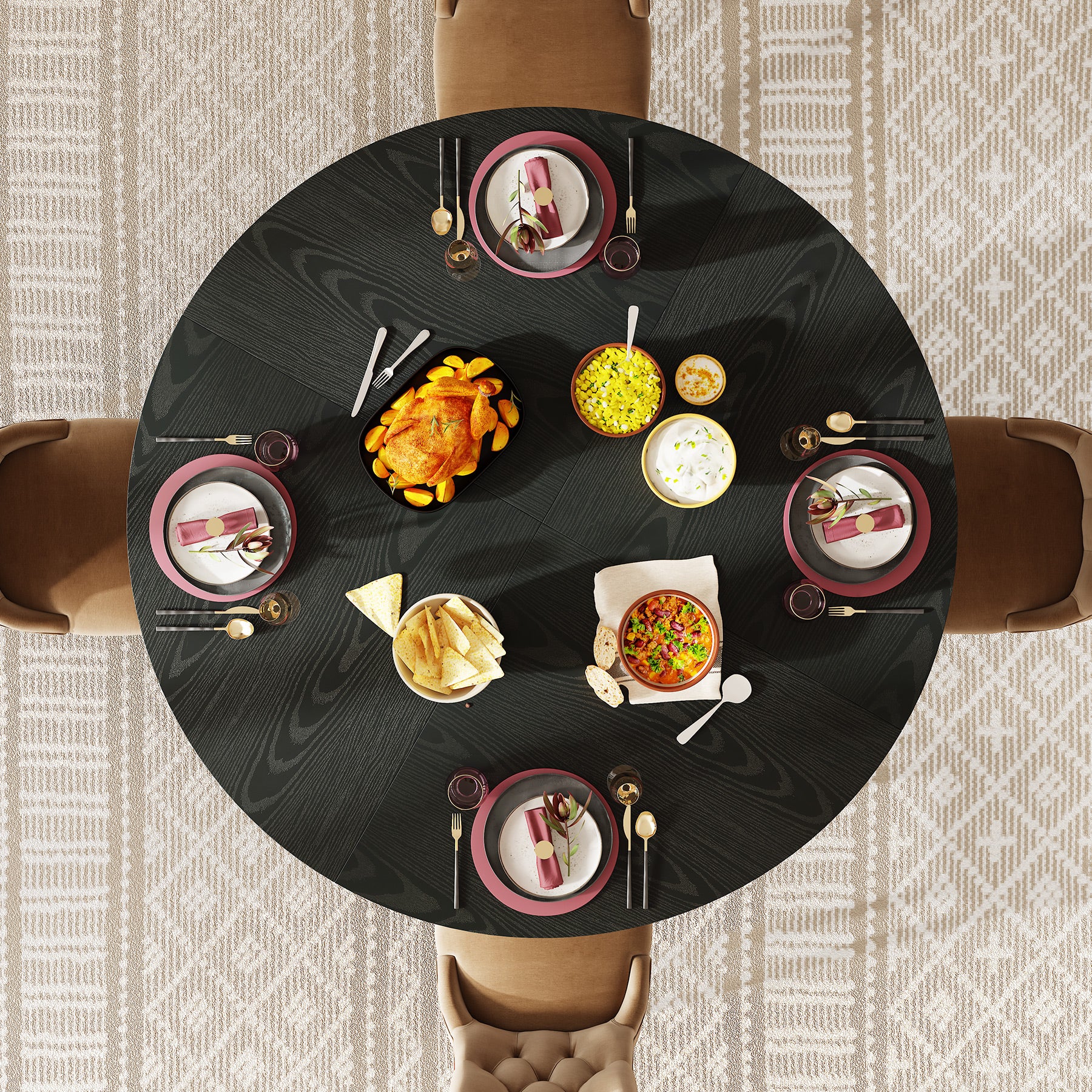 119 cm Ronde Industriële Eettafel, Voor 4-6 Personen met Metalen Frame in Zwart en Bruin