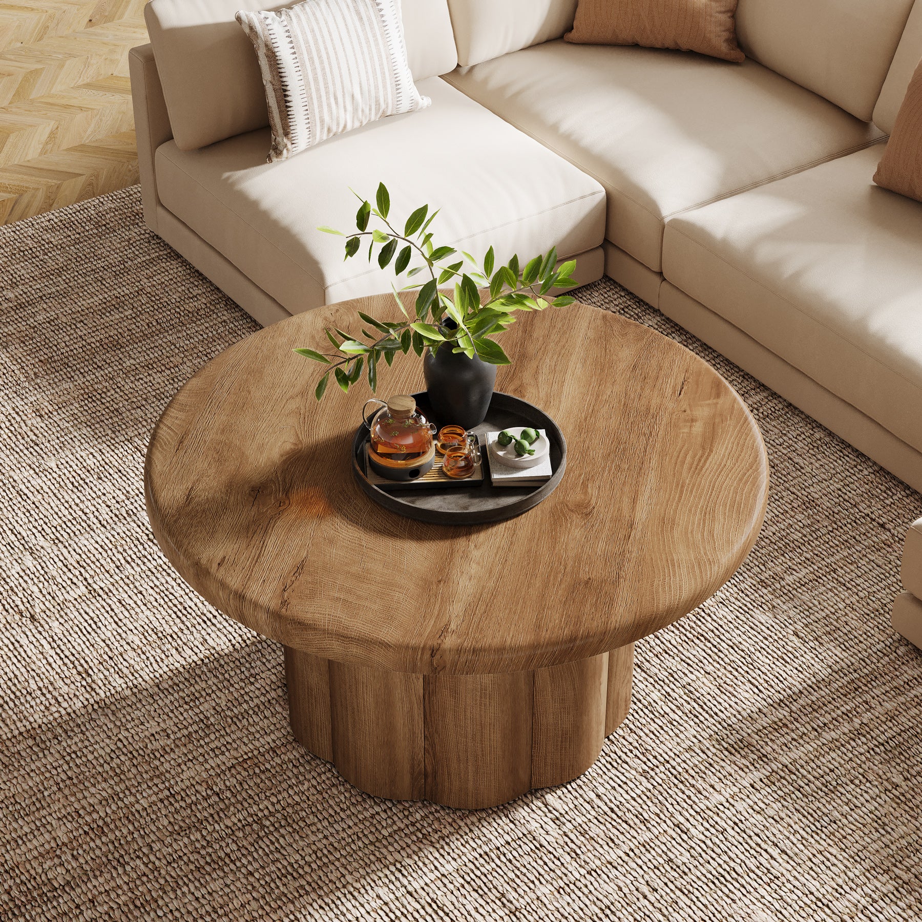 80 cm Ronde Landelijke Salontafel, Gegroefde Trommelvoet voor Woonkamer en Appartement