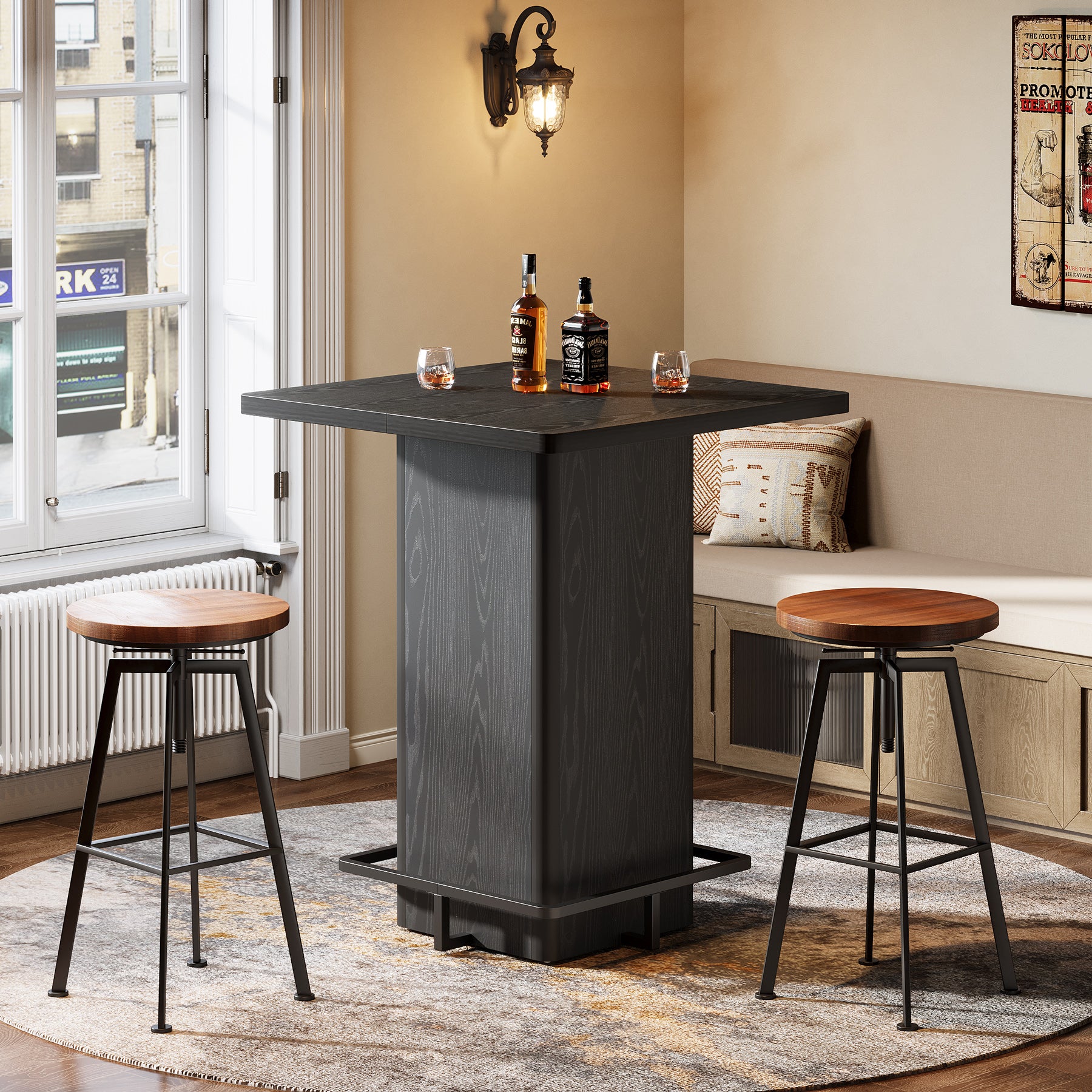 100 cm Vierkante Bartafel, Zwarte Hoogglans Tafel voor Keuken