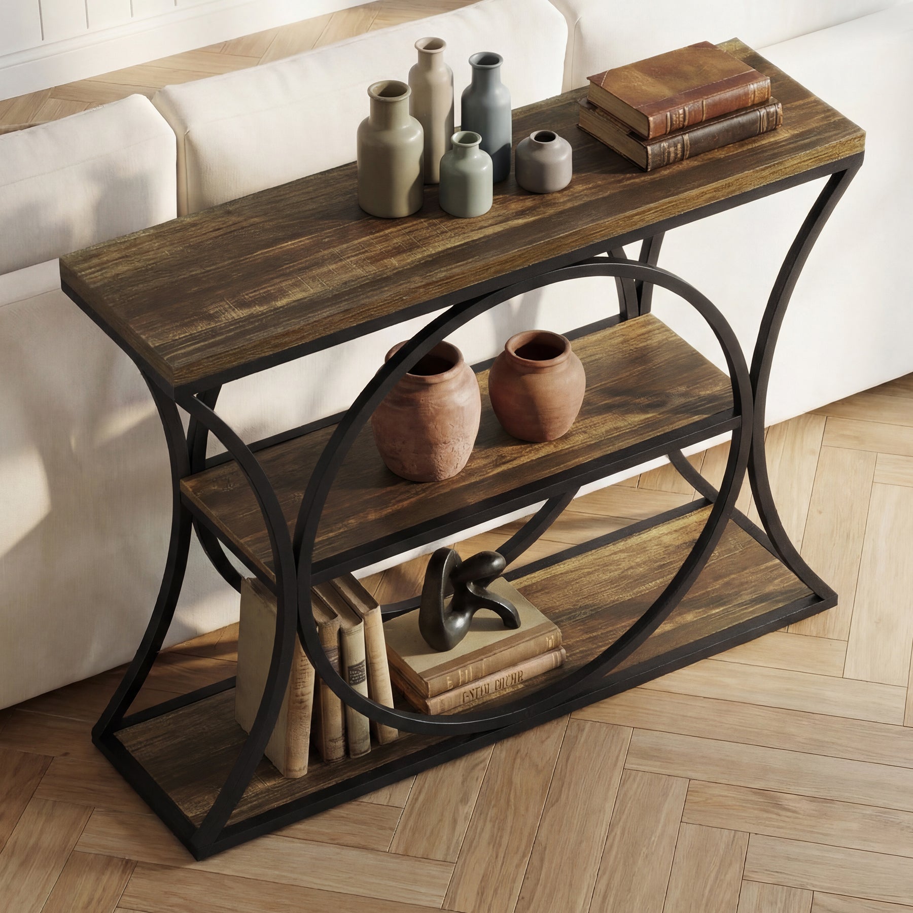 105 cm Tribesigns Industriële Consoletafel, 3-Laagse Sidetable met Boogframe