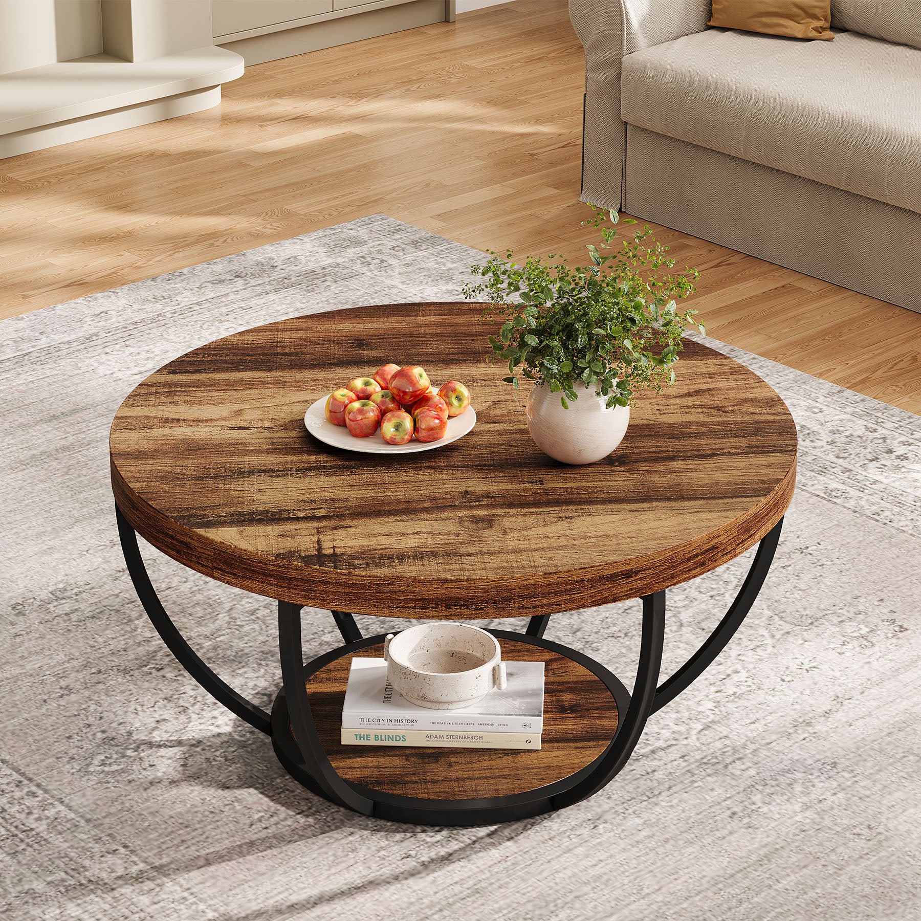 80,5 cm Ronde Industriële Salontafel, Tweelaags Middentafel in Rustiek Bruin en Zwart