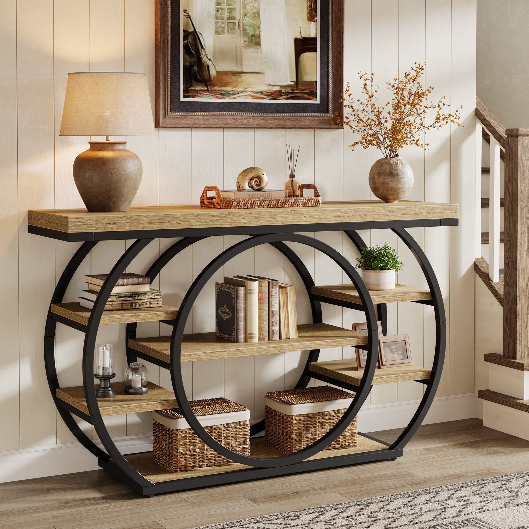 Consoletafel van 120 cm met 5 Lagen in Industrieel Design, Smalle Banktafel voor Woonkamer en Hal in Rustiek Bruin