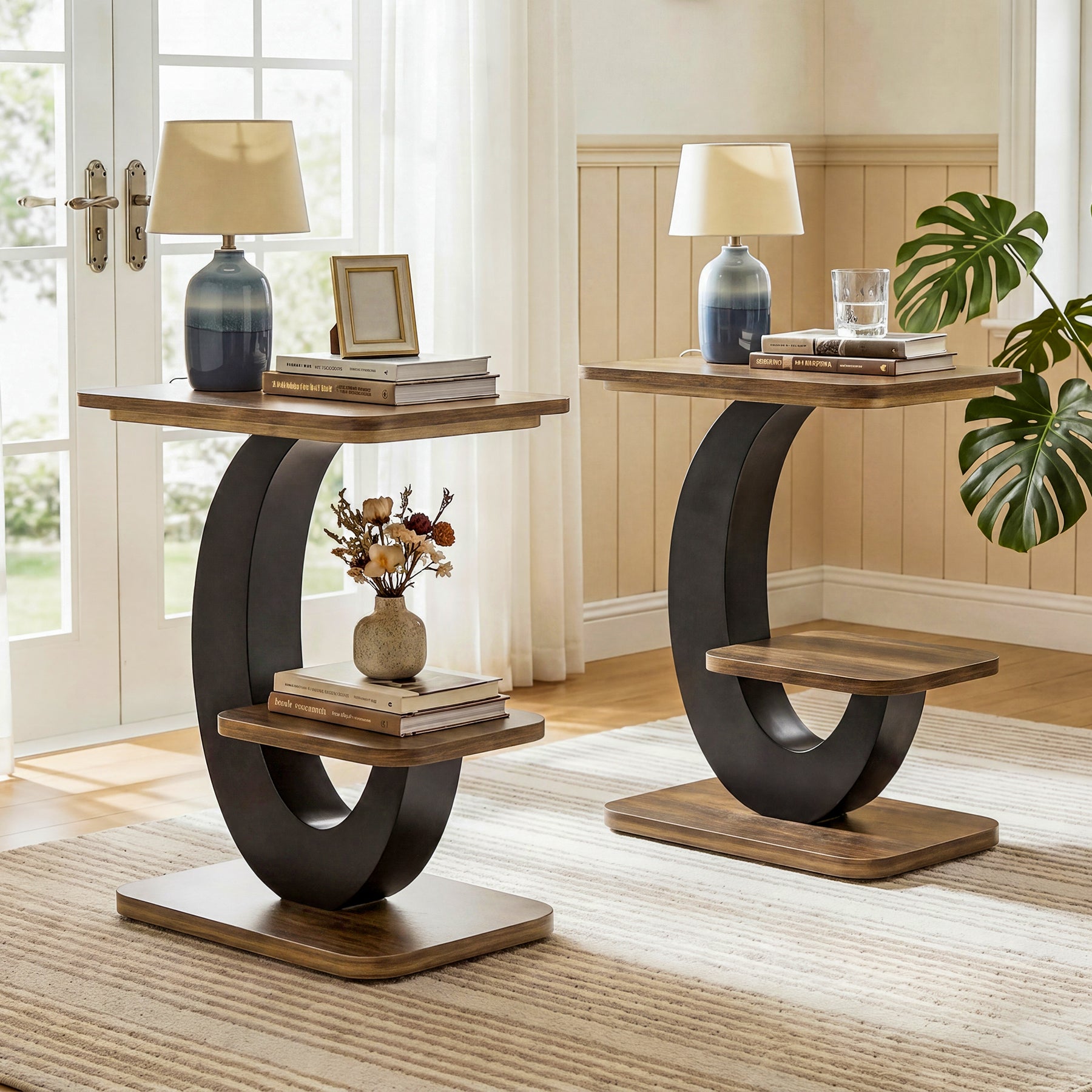 60 cm Smalle Bijzettafel met 2 Niveaus, Industriële Houten Sidetable voor Woonkamer en Slaapkamer