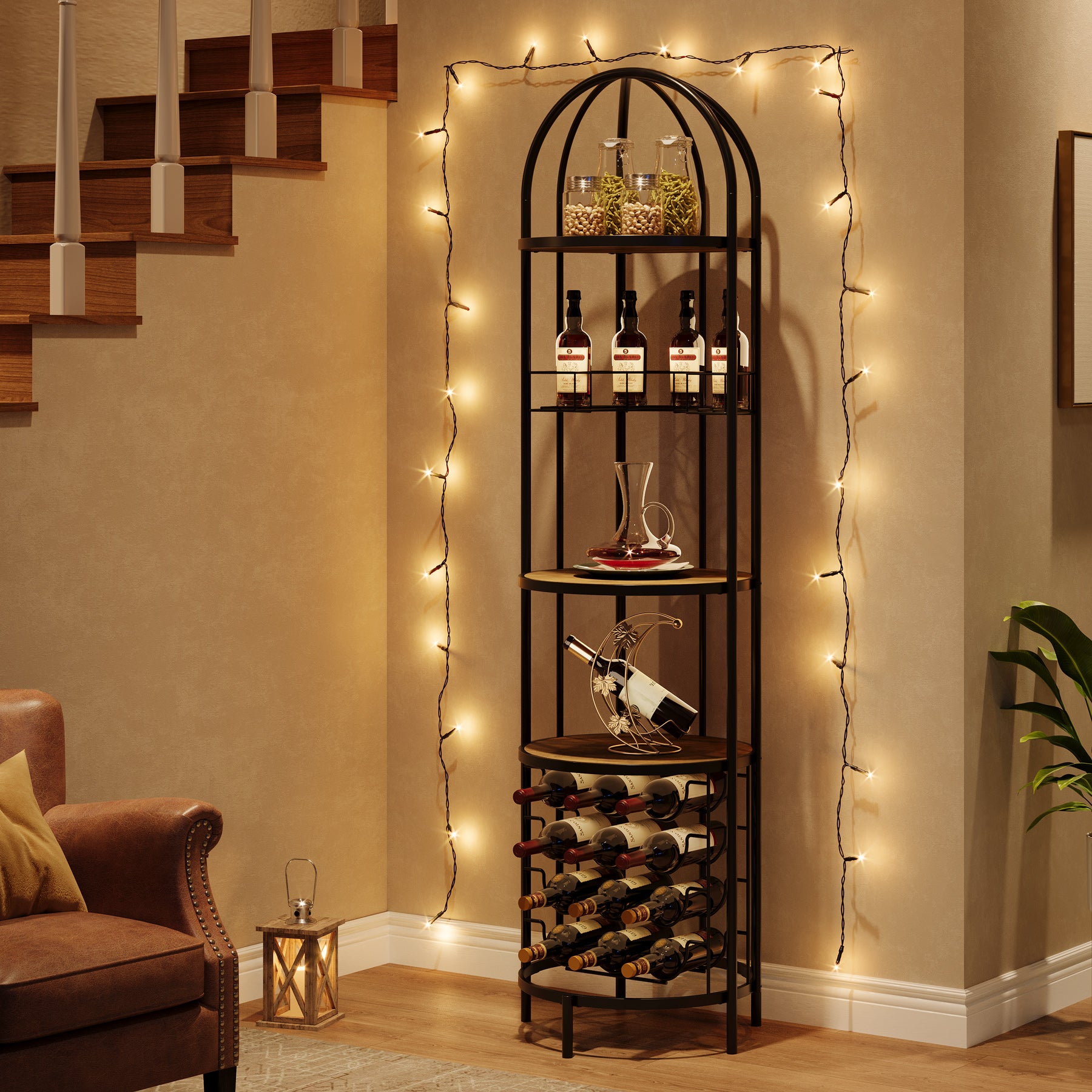 Hoog Wijnrek met 5 Planken en Flessenhouder, Industriële Loft-stijl in Metaal en Hout voor Kleine Ruimtes