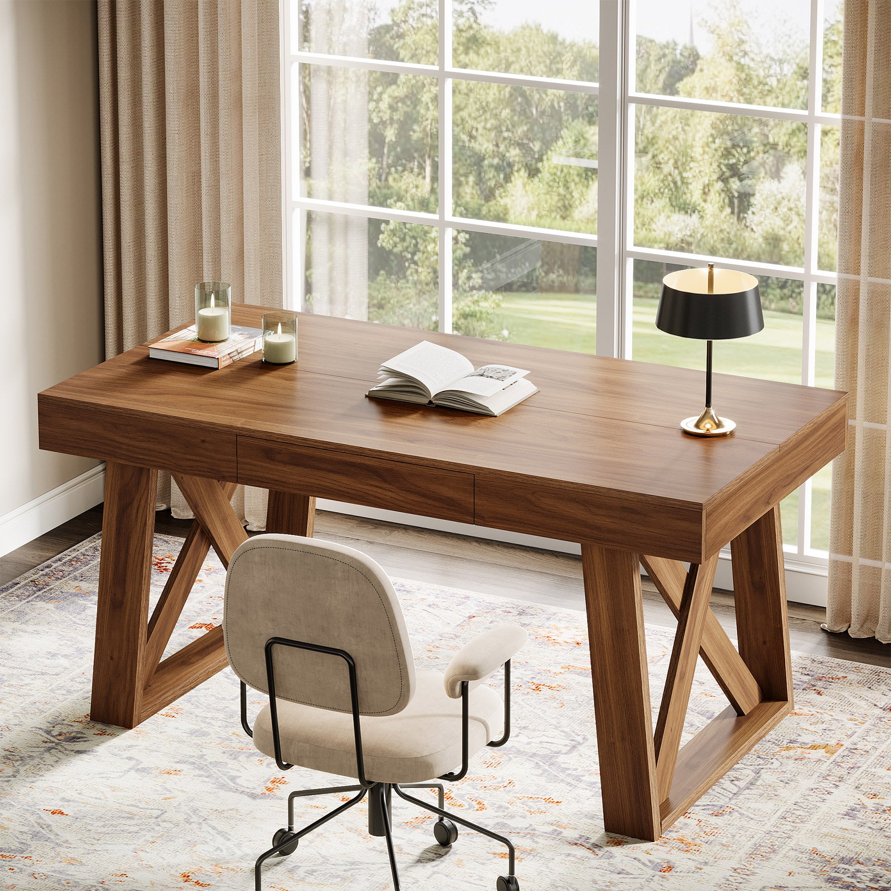 140 cm Bredere Bureau, Retro Houten Bureau met Laden voor Thuiswerk en Kantoor