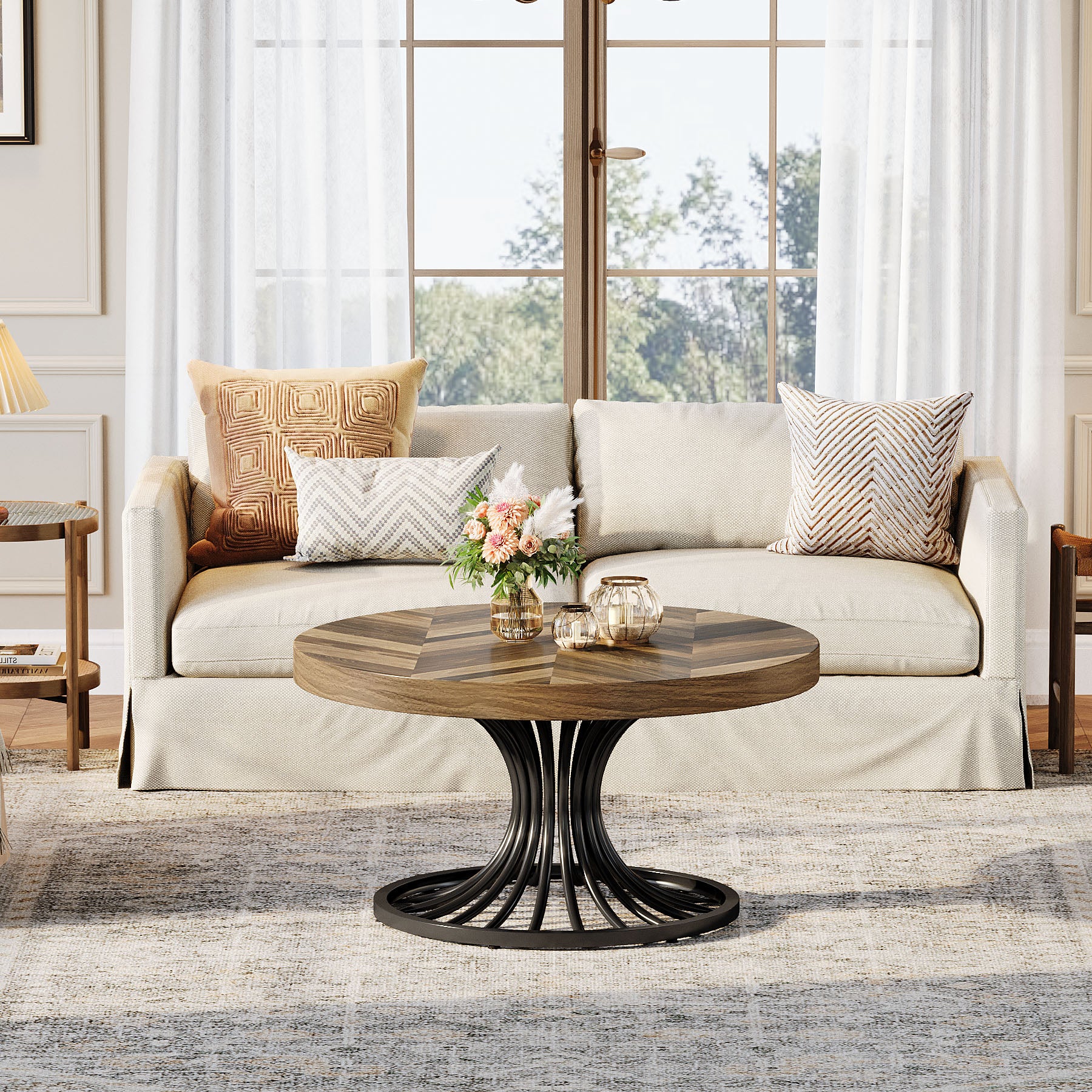 79 cm Ronde Salontafel van Hout, Landelijke Koffietafel met Metalen Sokkel voor Woonkamer