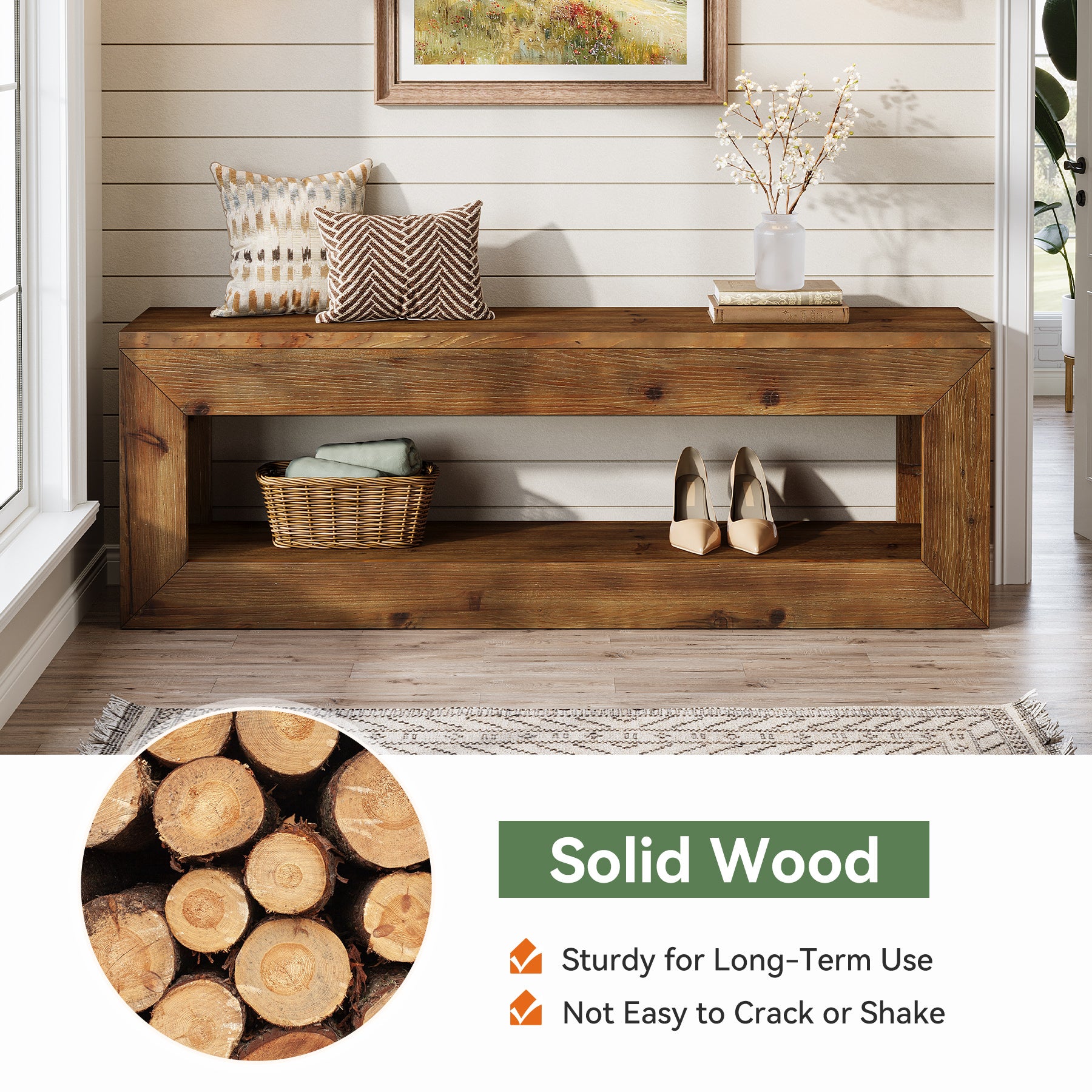 120 cm massief houten halbank met opbergplank, landelijke zitbank voor entree en hal
