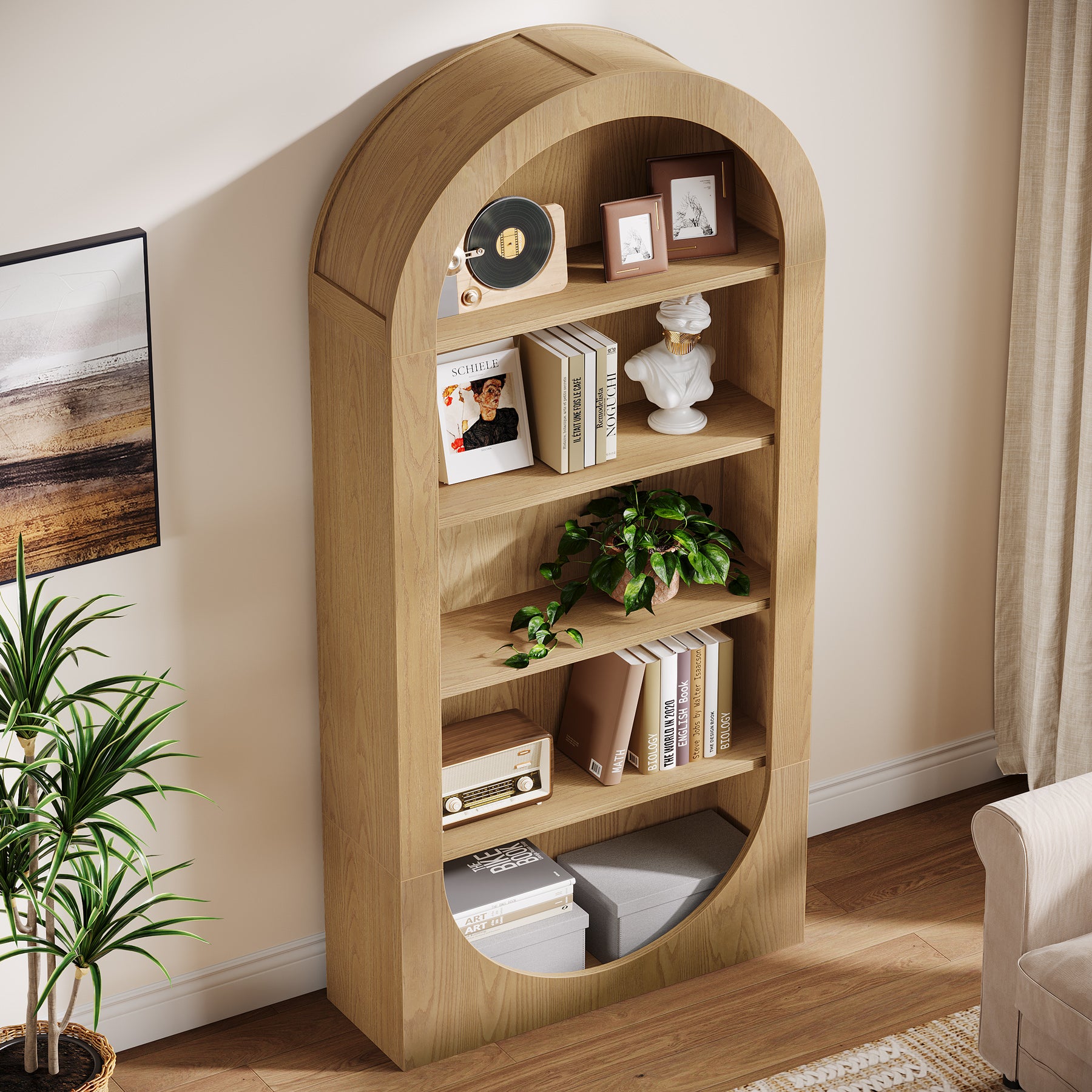 180 cm Hoge Gewelfde Boekenkast, 5-Laags Vrijstaand Boekenrek met Open Planken voor Woonkamer en Kantoor