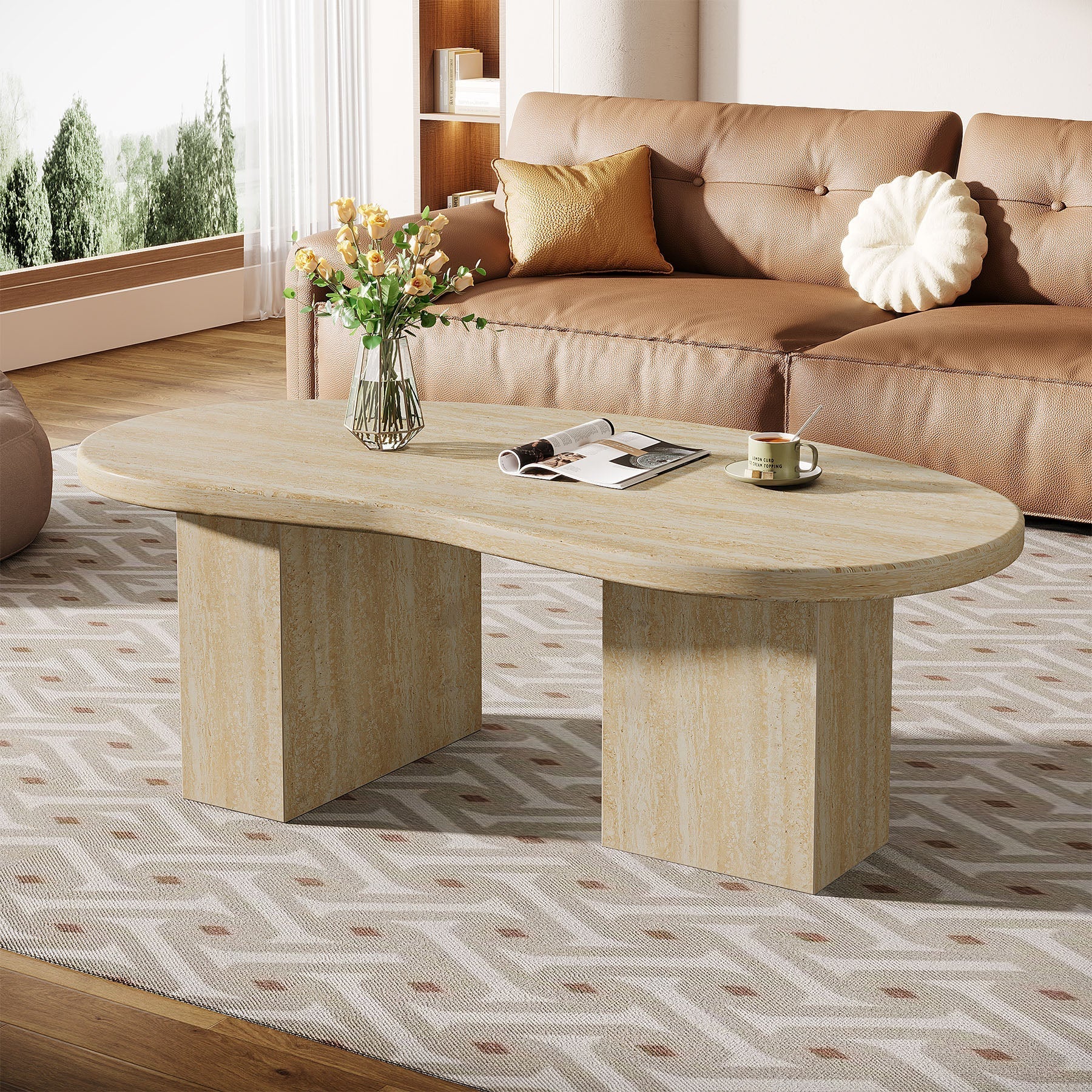 115 cm Ovale Salontafel, Grote Houten Cocktailtafel met Asymmetrische Voet in Eiken