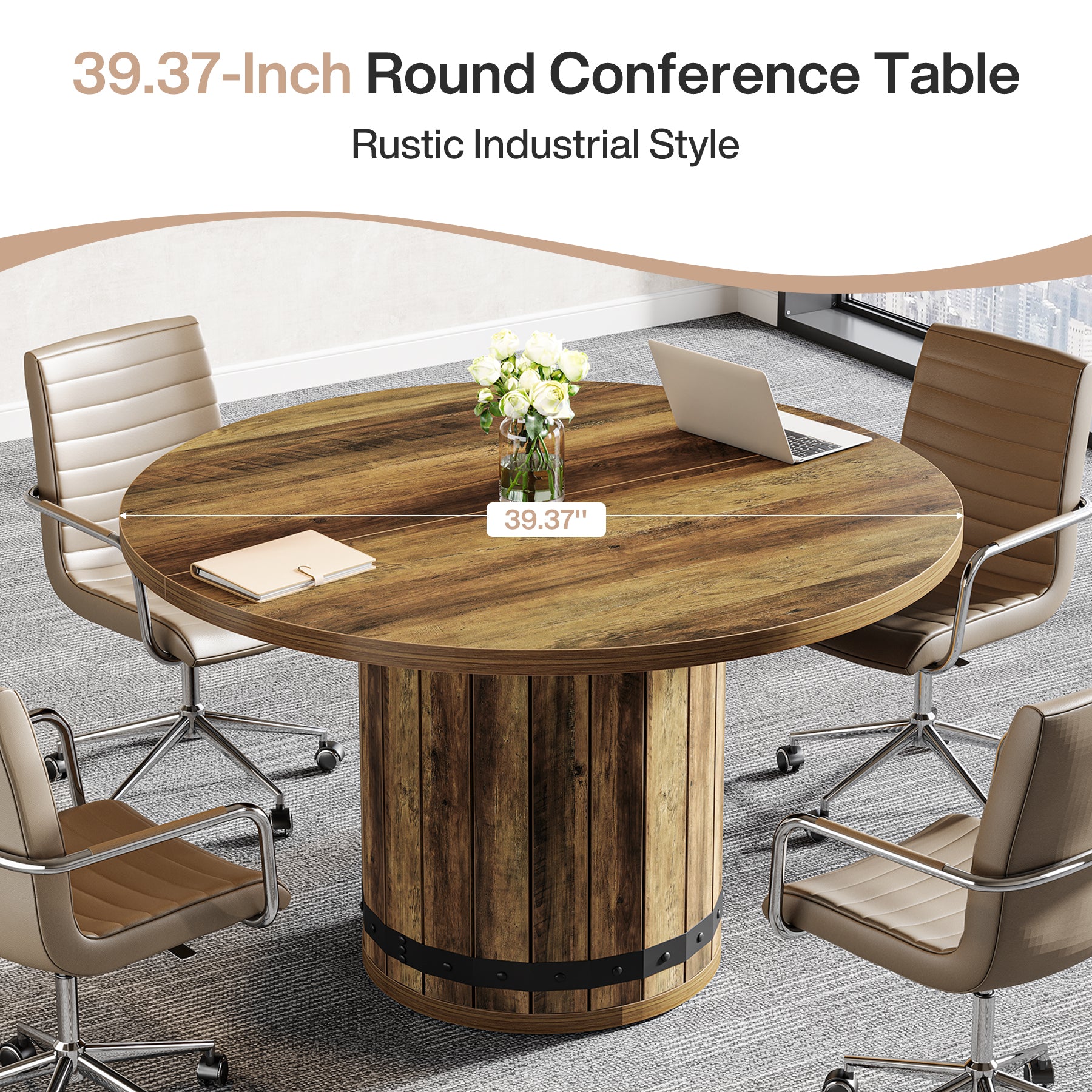 100cm Ronde Vergadertafel voor 4 Personen, Boerderijstijl met Hekwerk Basis voor Kantoor in Landelijk Bruin