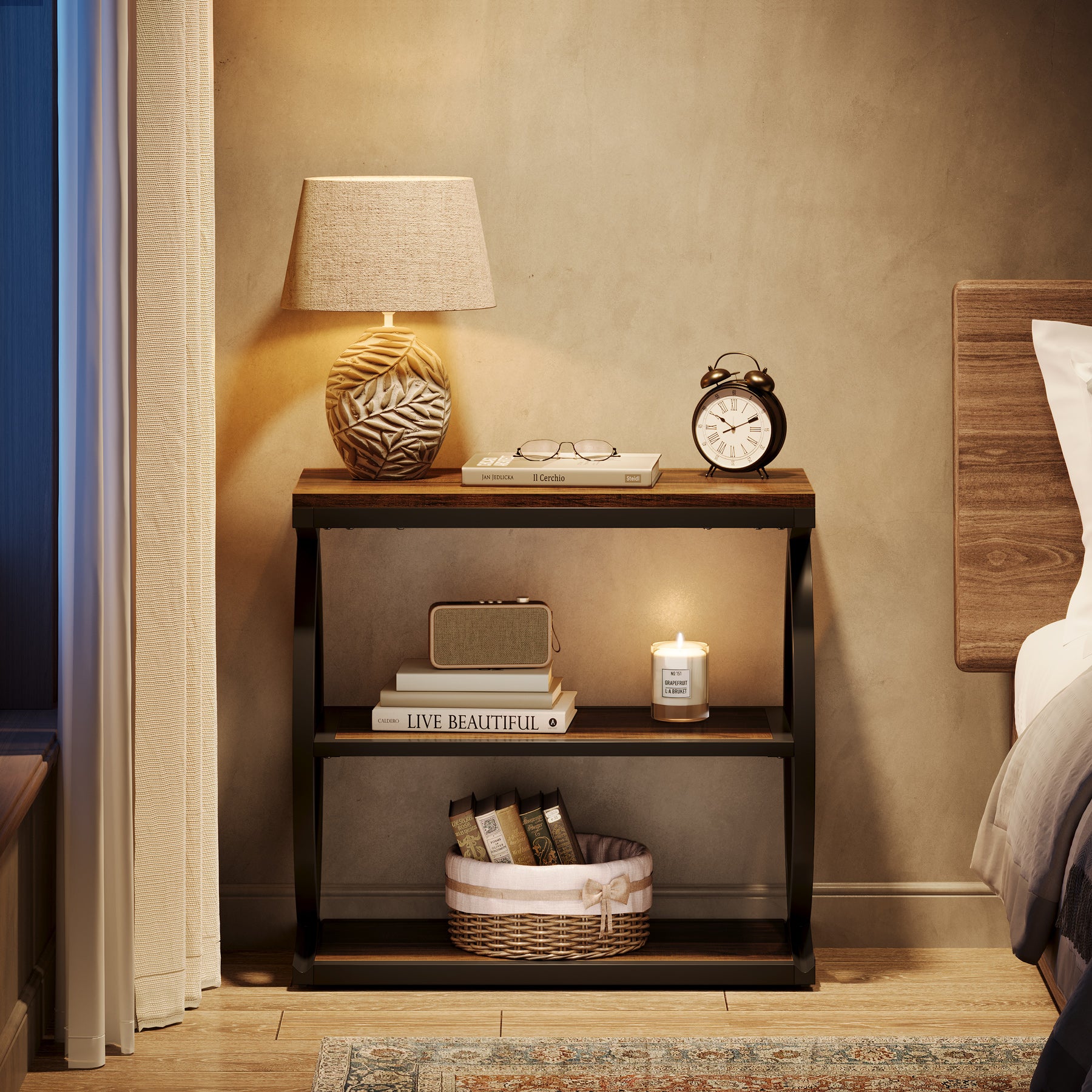 60 cm Smalle Bijzettafel met 3 Niveaus, Industriële Houten Nachtkastje voor Kleine Ruimtes