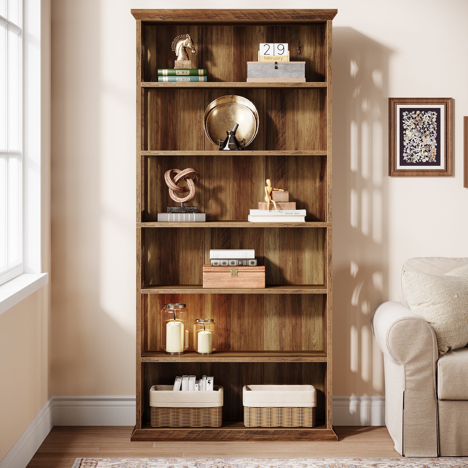 190 cm Hoge Boekenkast met 6 Lagen, Ruime Vrijstaande Houten Opberg- en Displaykast, Bruin