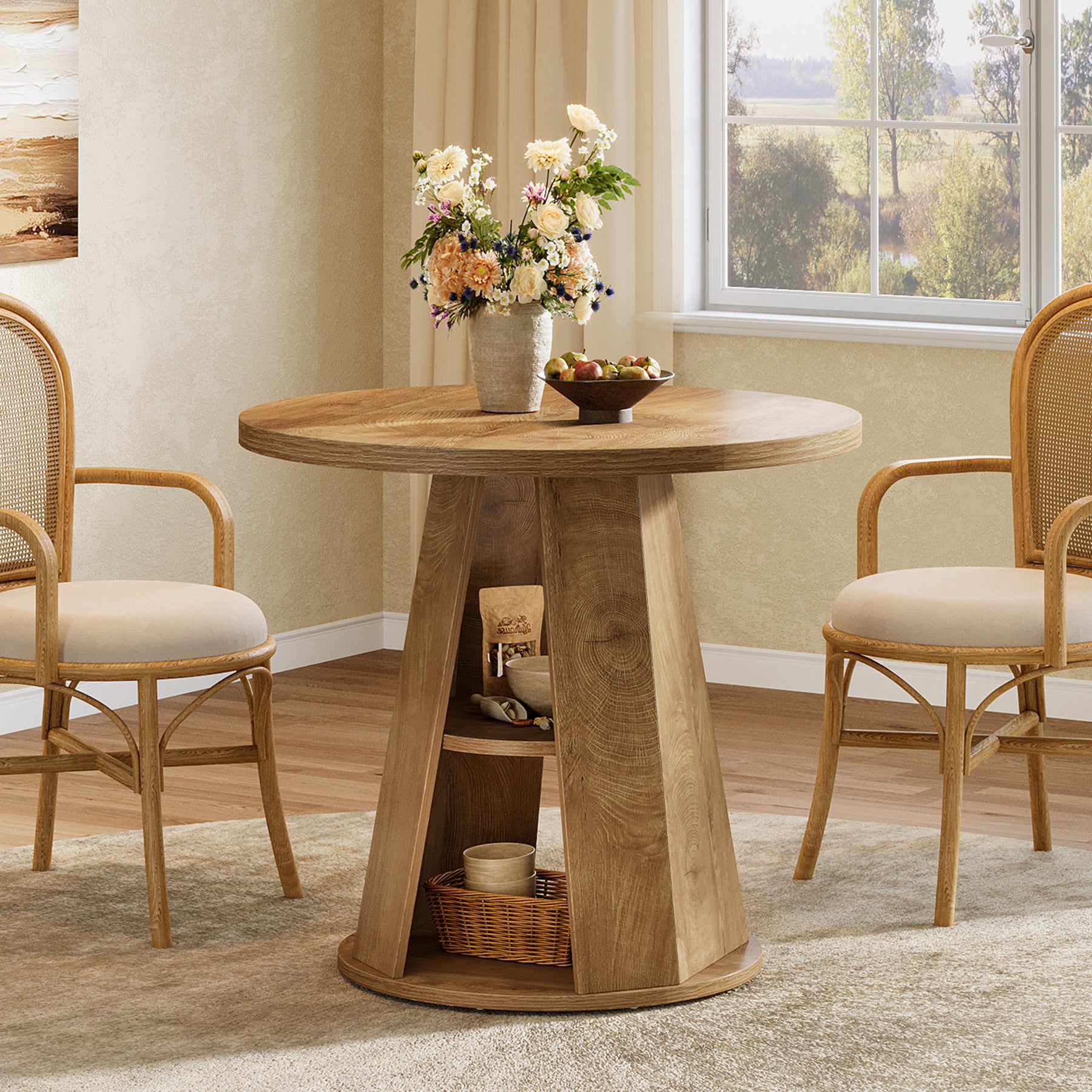 80 cm Ronde Eettafel voor 2-4 Personen, Kleine Boerenkeuken Tafel met 2-Tier Opberplank