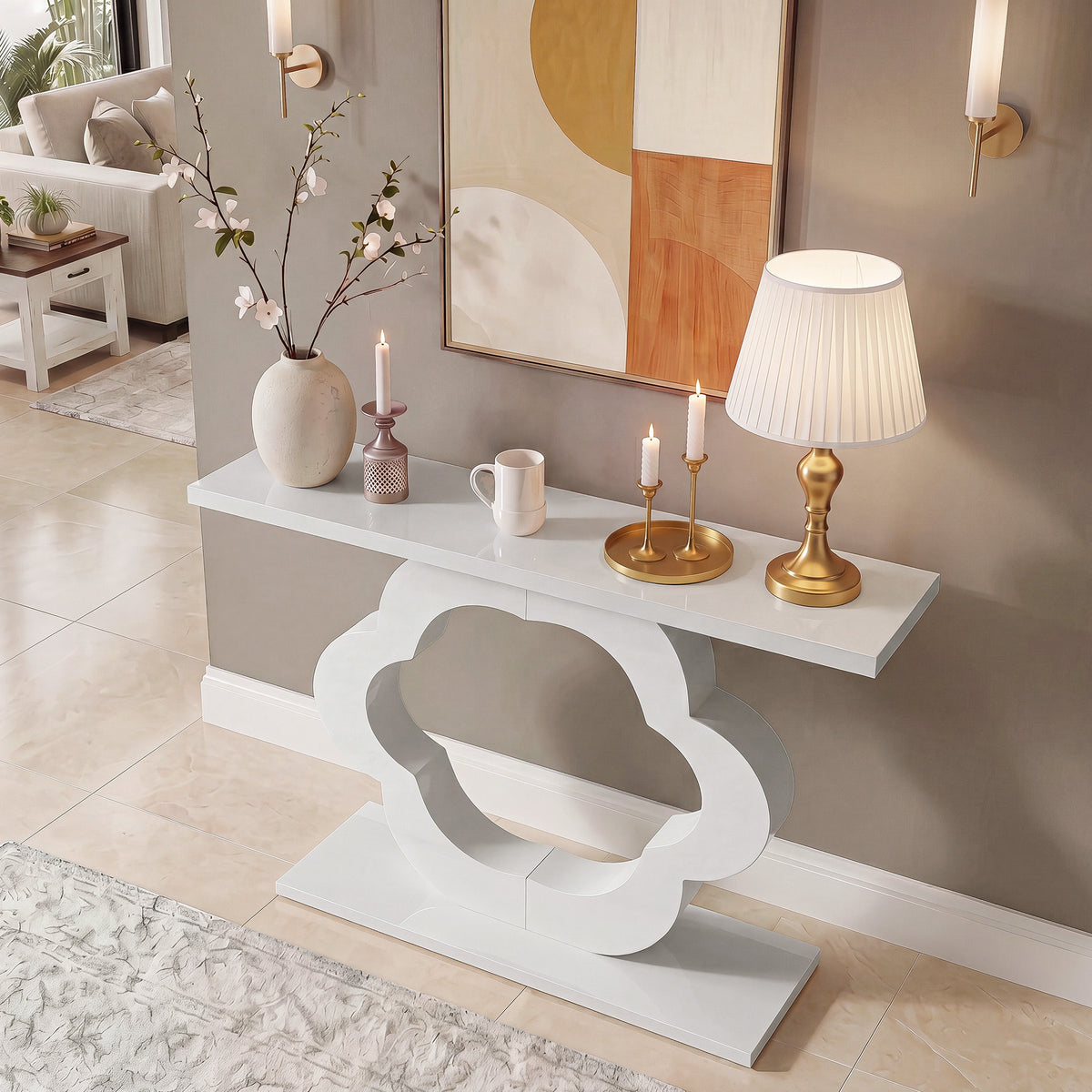 100 cm smalle consoletafel met hoogglans afwerking en modern bloemvormig frame, entree tafel voor hal en woonkamer