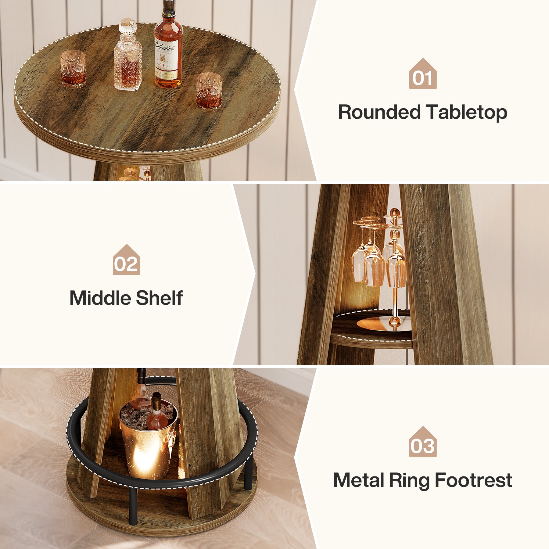 100 cm Ronde Bartafel met Opbergruimte, Industriële Bistrotafel voor Woonkamer Bar Kleine Ruimtes