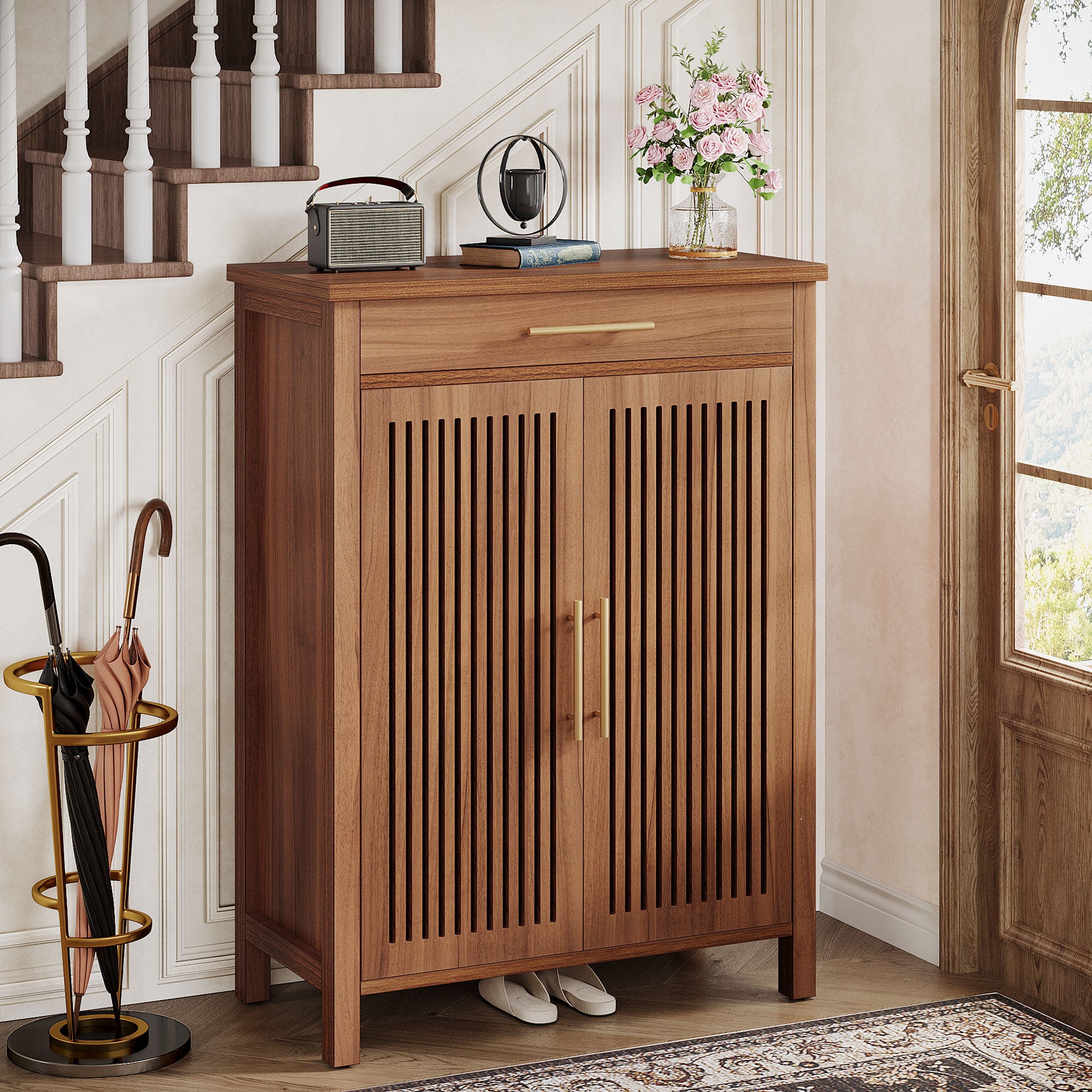 Smal Schoenenmeubel 80 cm, Verstelbare Kast Met 5 Planken En Lamellendeuren