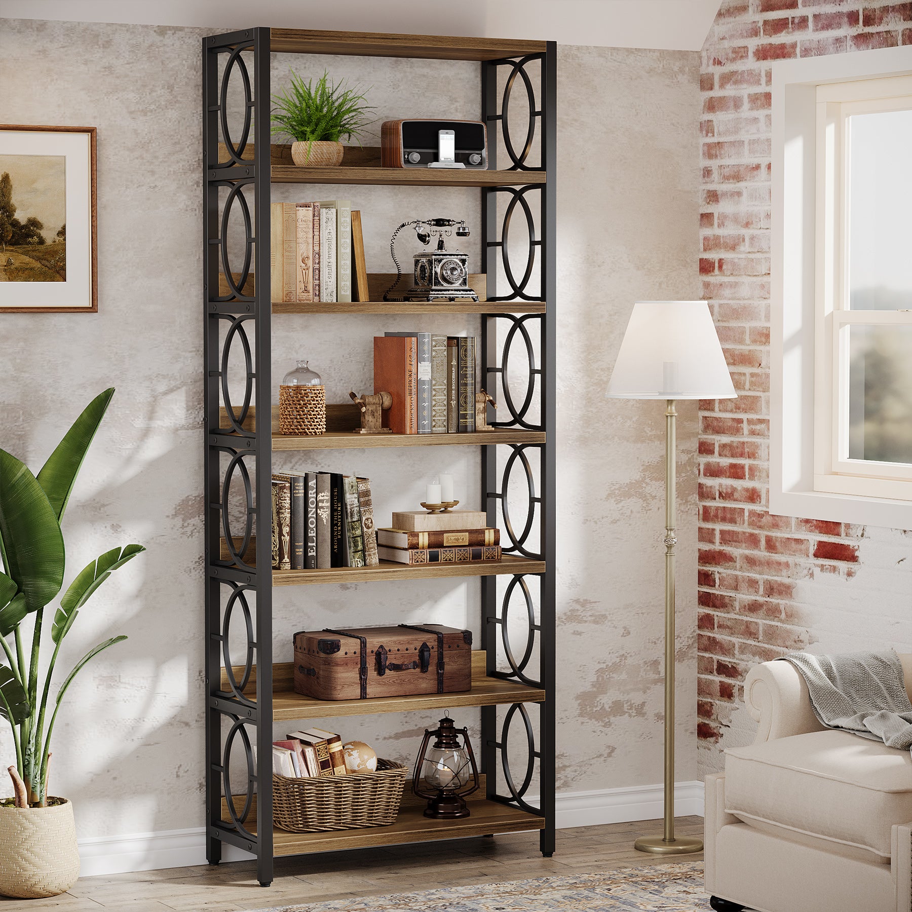 180 cm Boekenkast met 6 Niveaus, Industrieel Vrijstaand Displayrek met Metalen Frame