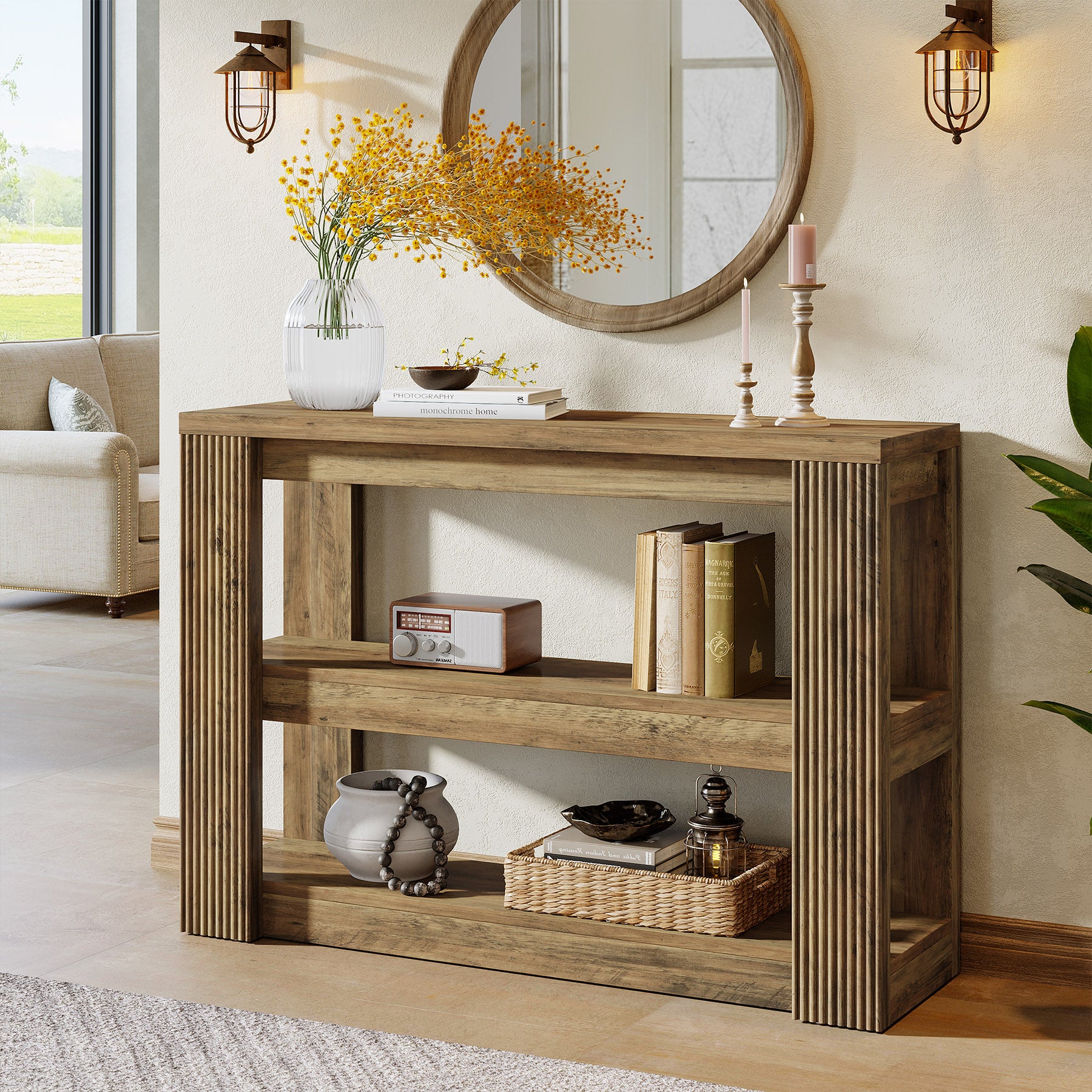 105 cm Landelijke Consoletafel met 3 Planken, Smalle Banktafel