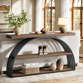 Consoletafel van 160 cm in Rustiek Bruin met Gebogen Frame, Industriële 3-Lagen Hal- en Banktafel voor Woonkamer en Entree 3