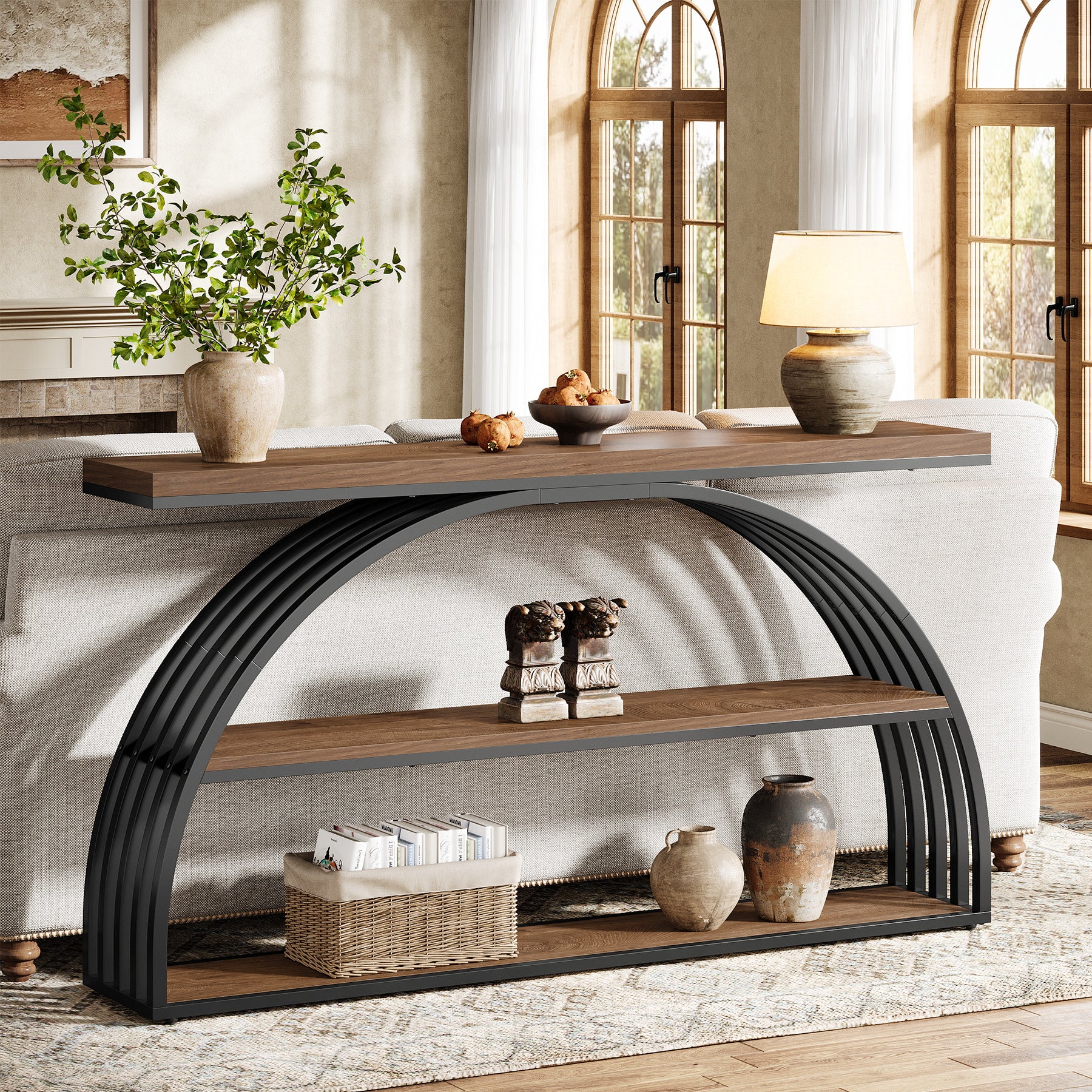 Consoletafel van 160 cm in Rustiek Bruin met Gebogen Frame, Industriële 3-Lagen Hal- en Banktafel voor Woonkamer en Entree