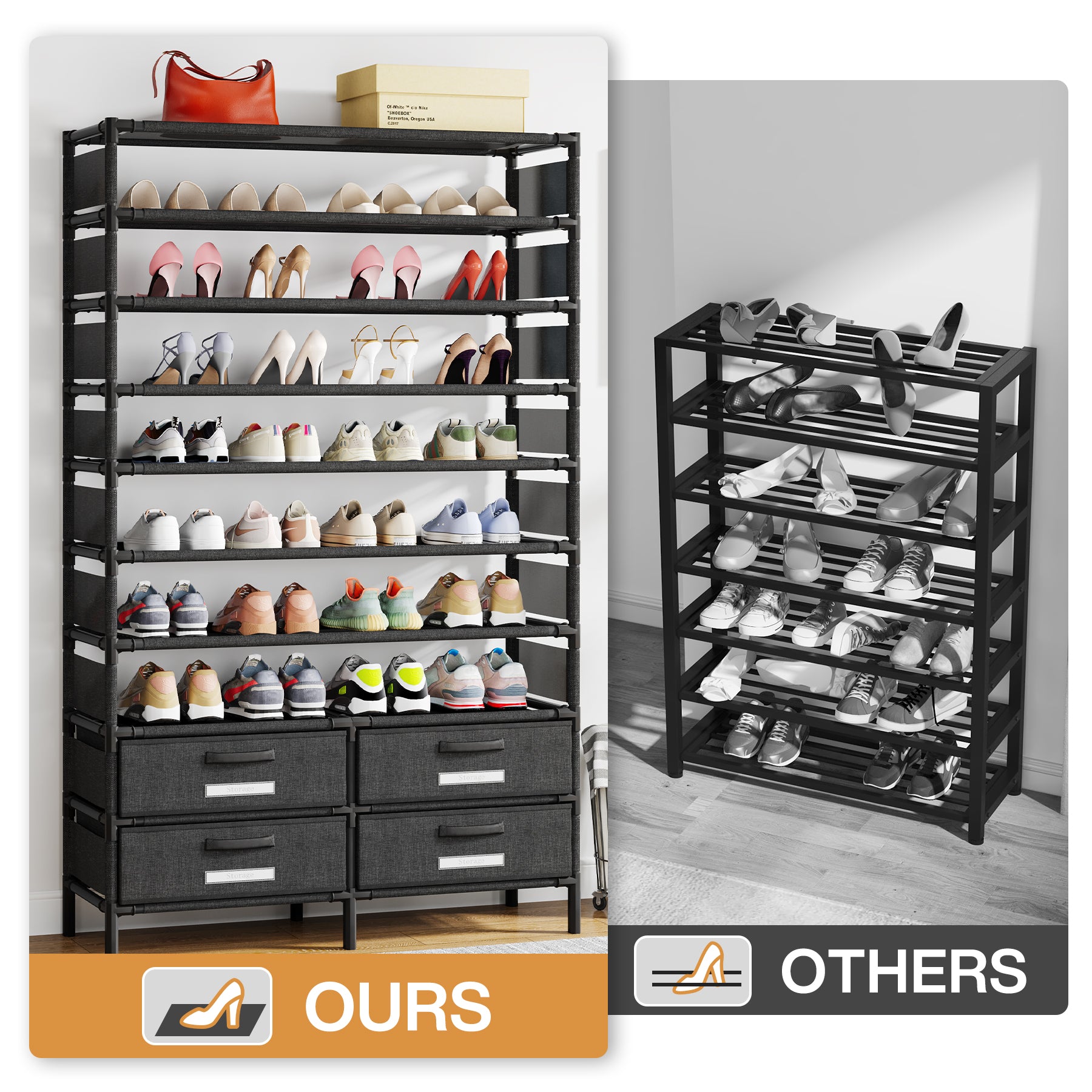 Tribesigns 10-Tier Schoenenrek met 4 Lades, Staand Organisator voor 32 Paar Schoenen