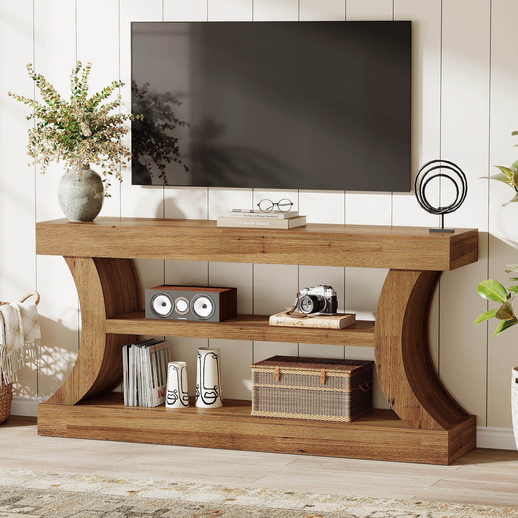 160 cm Tribesigns consoletafel met gebogen ontwerp, lage tv-kast met opbergruimte voor woonkamer