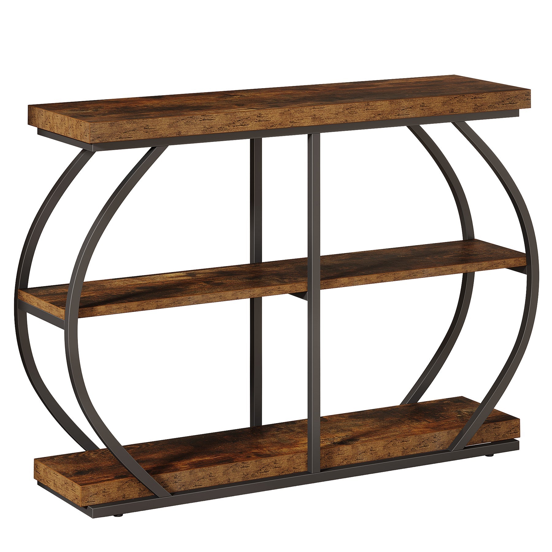 105 cm Industriële Consoletafel met 3 Planken, Gebogen Metalen Frame voor Woonkamer en Hal