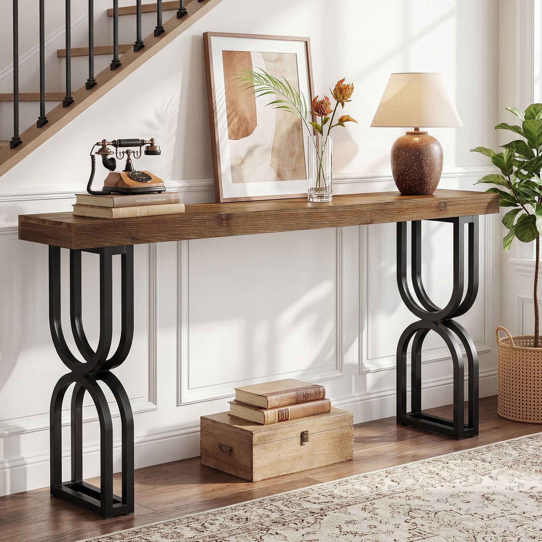 150 cm Massief Houten Consoletafel, U-vormige Metalen Poten voor Hal