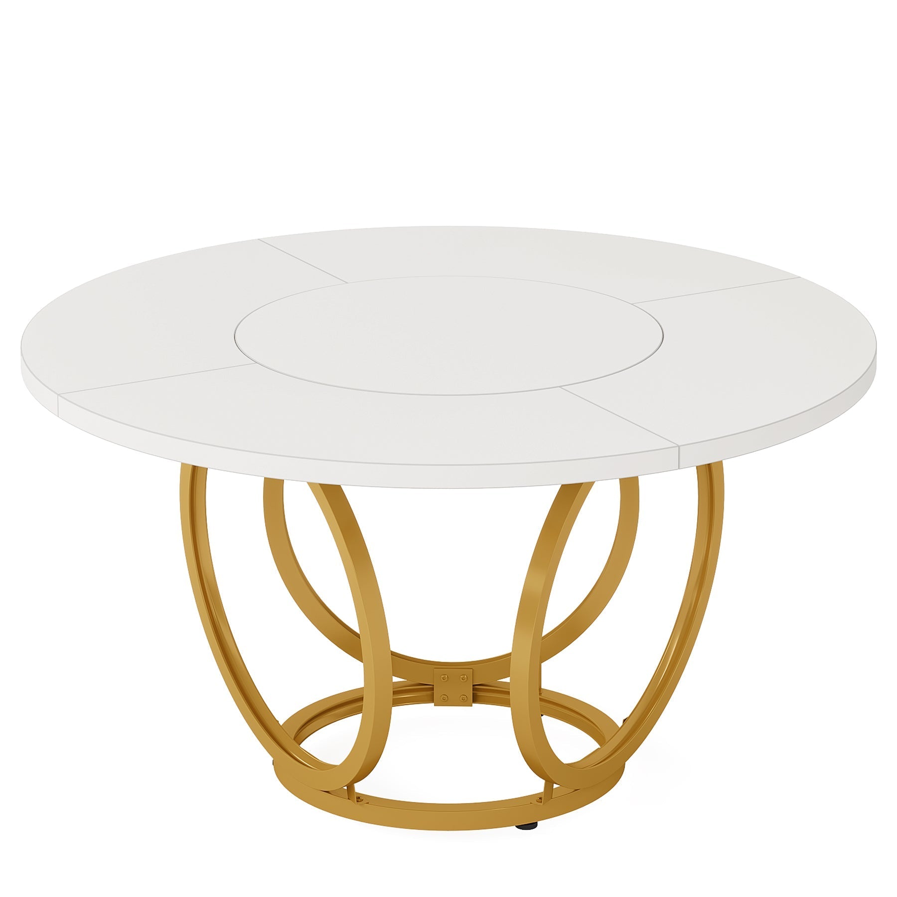 Ronde Eettafel voor Vier Personen, Witte Tafel met Gouden Metalen Onderstel