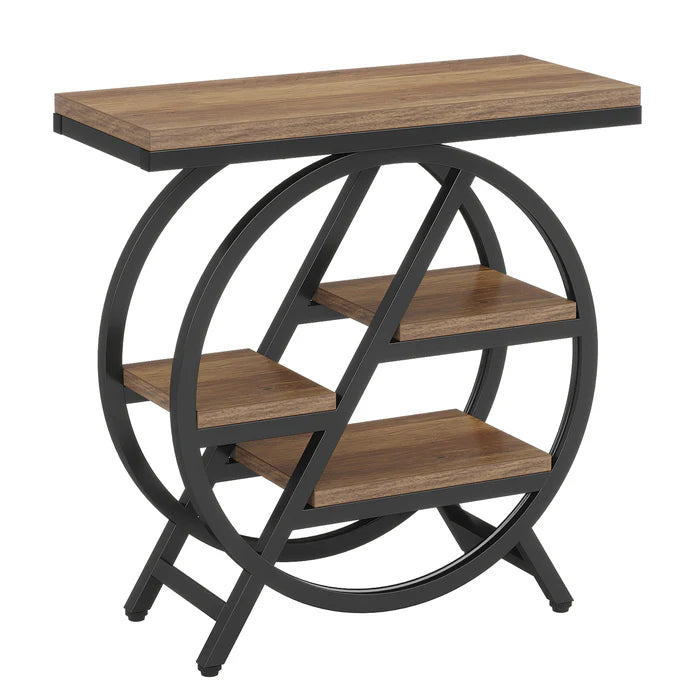 65 cm Drieplanken Bijzettafel, Industriële Houten Tafel met Geometrisch Frame voor Woonkamer